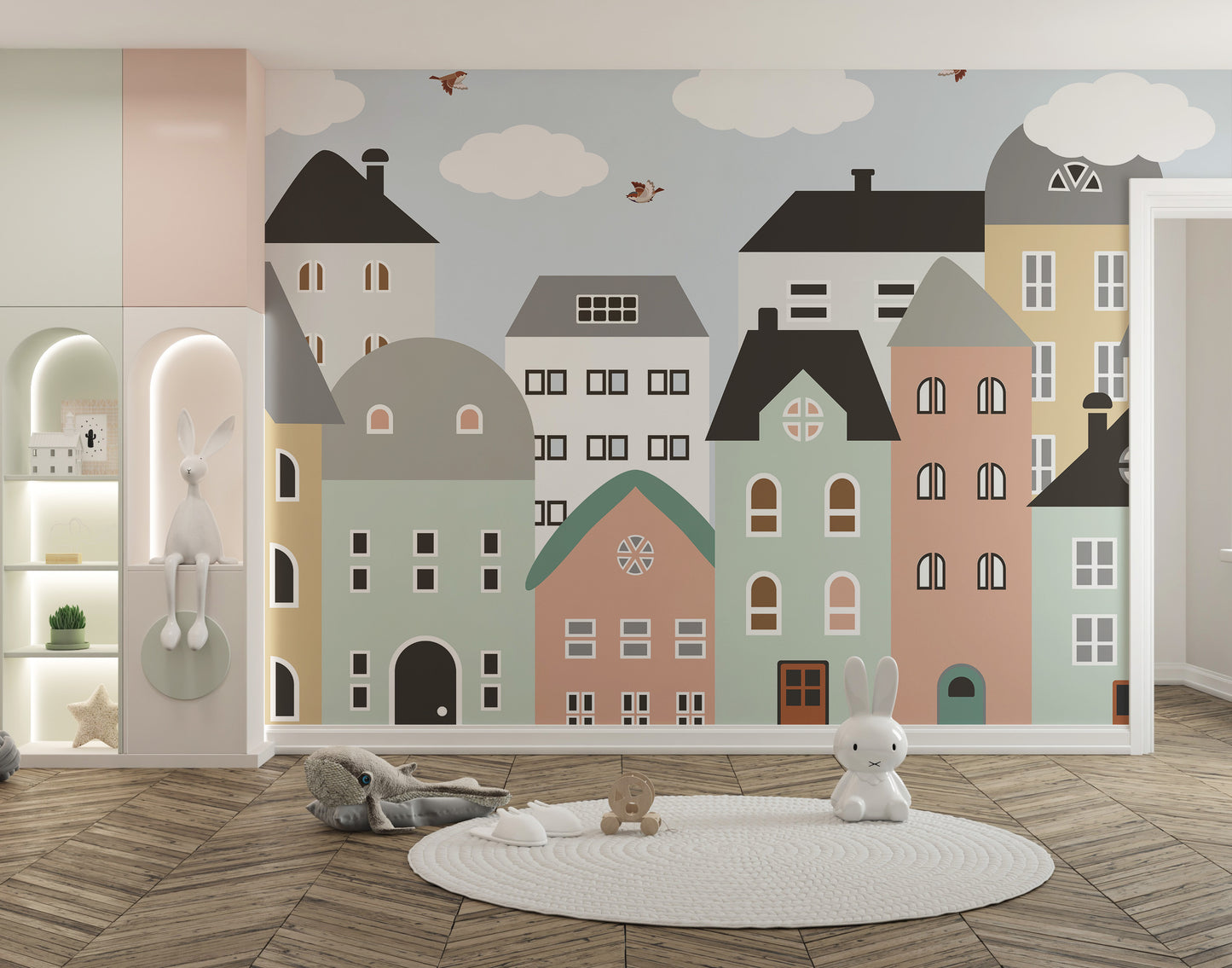 Fun city murals for kids playroom walls