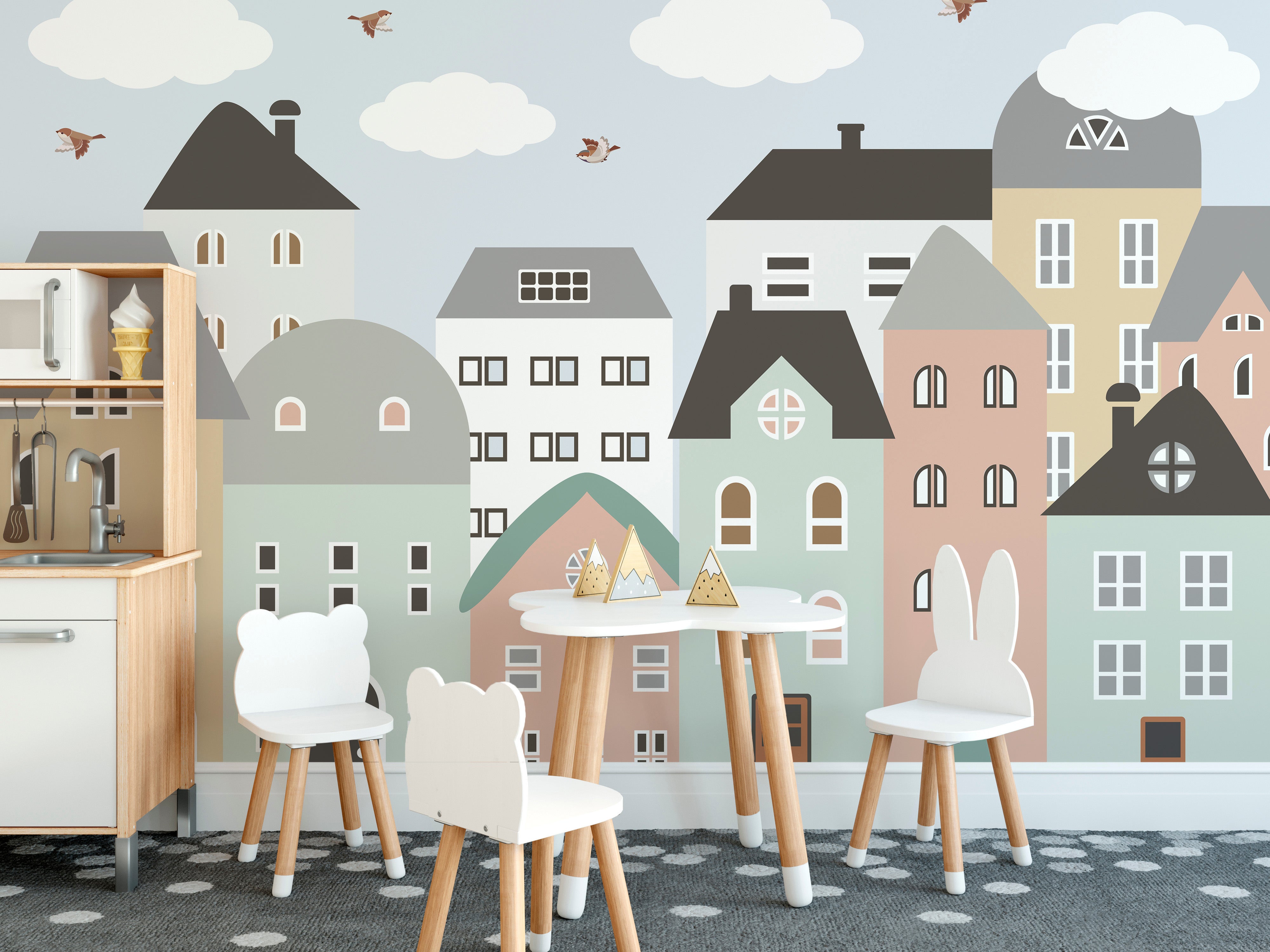 Colorful nursery wallpaper with buildings