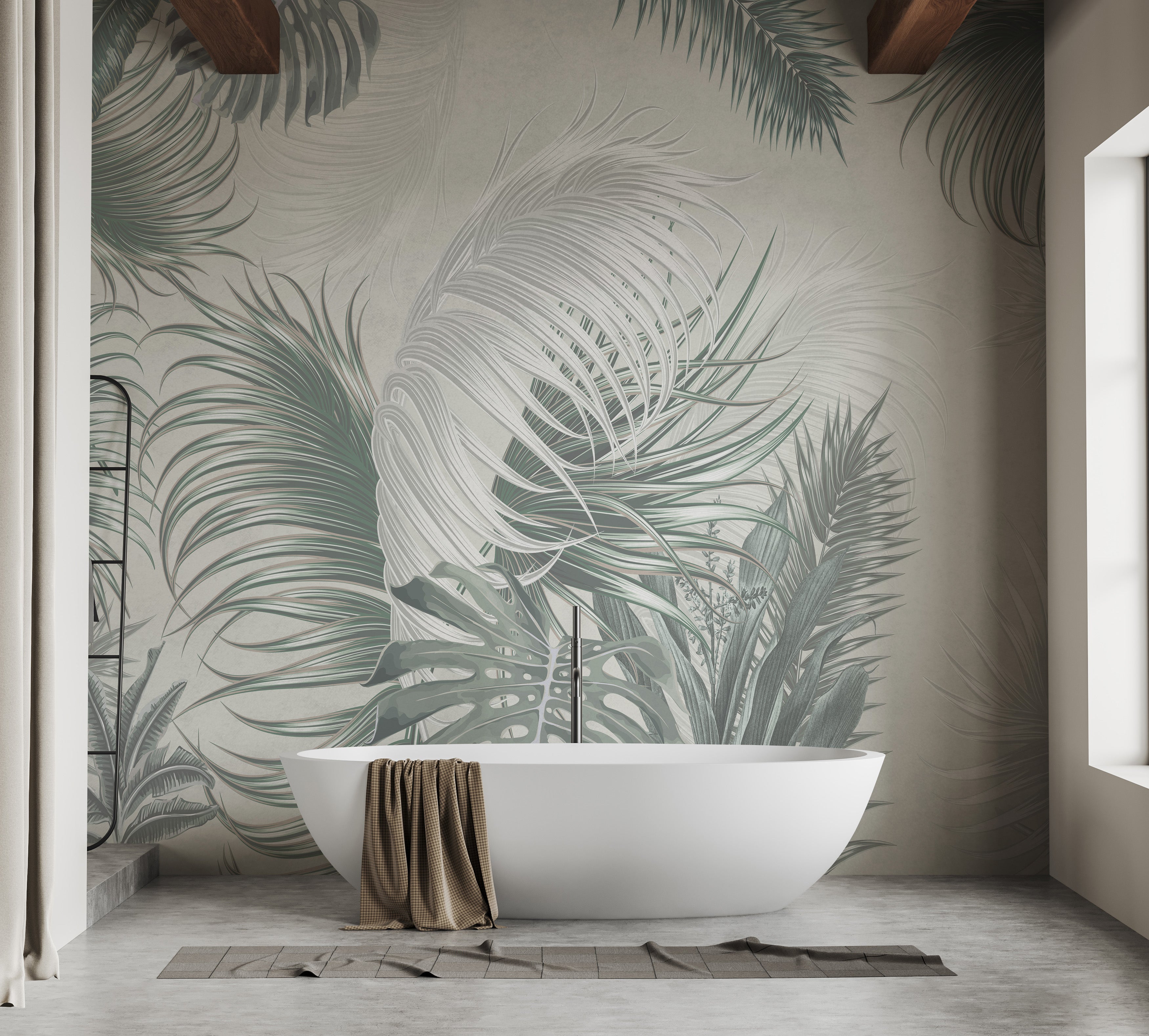 Oversized gray-green palm leaves wall mural
