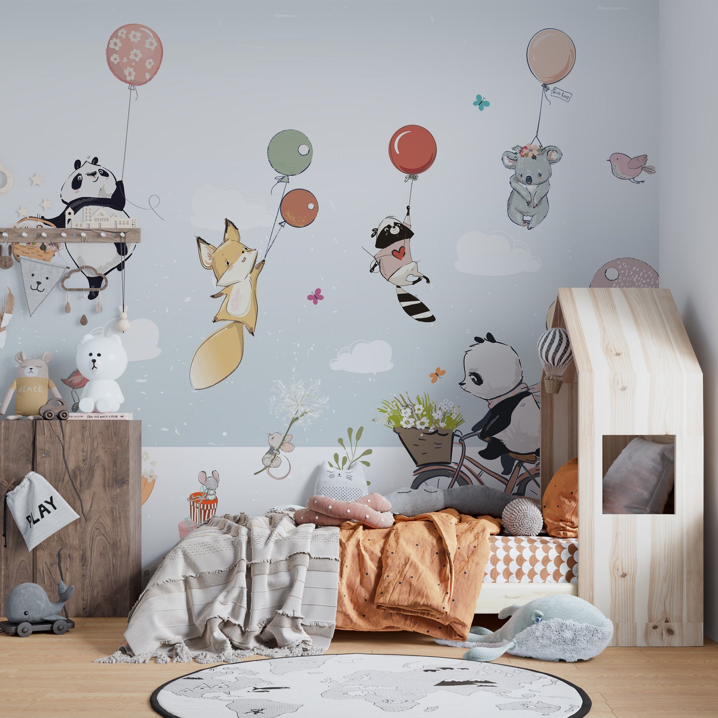 Kids room wallpaper featuring balloon animals
