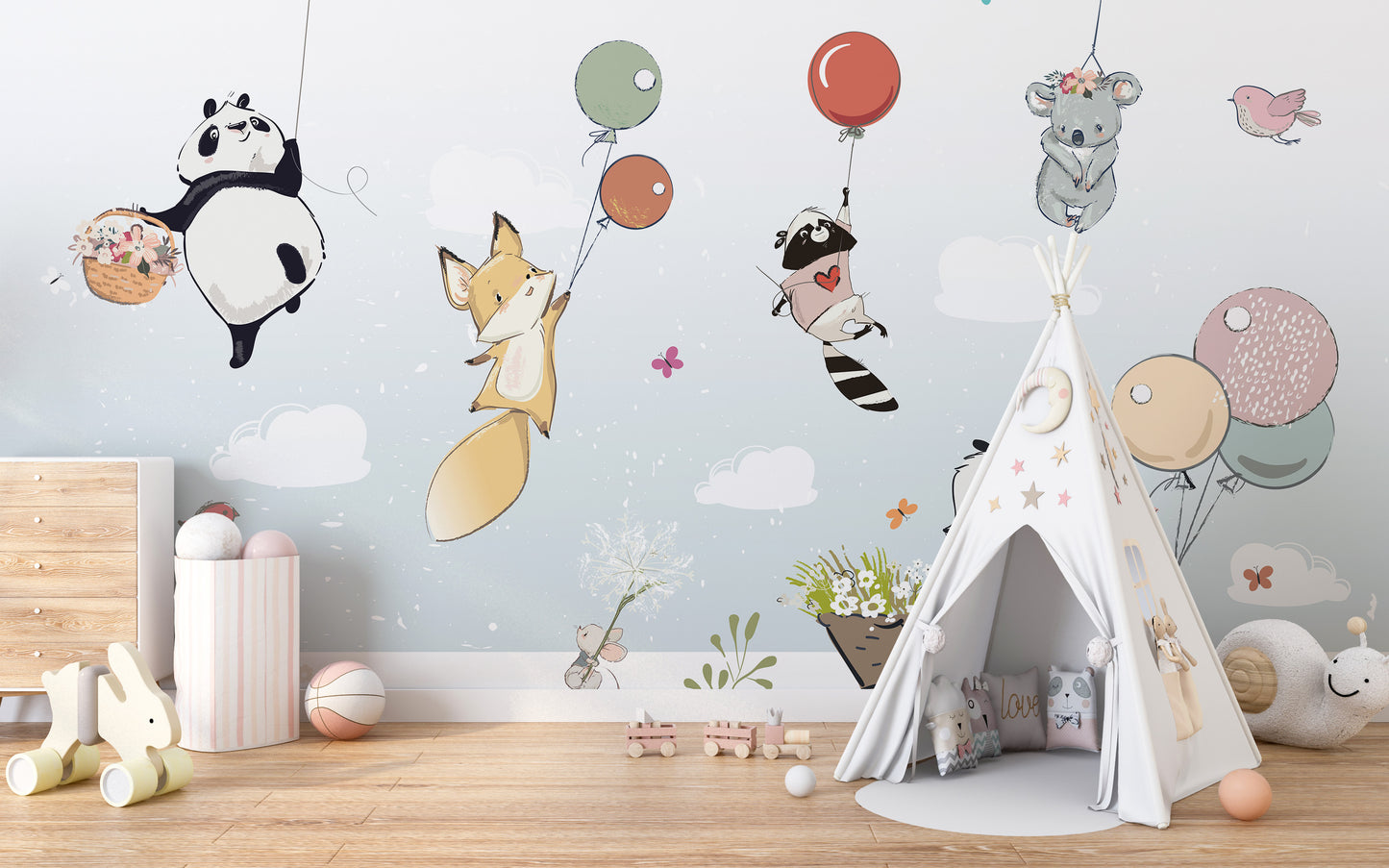 Flying Animals with Balloons in the Air Wallpaper Murals