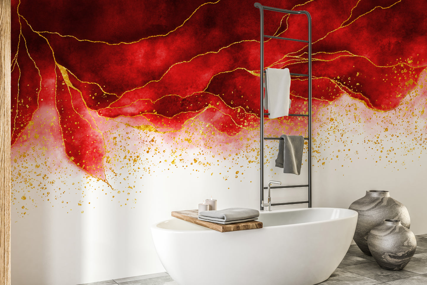 Vibrant red watercolor mural for spaces
