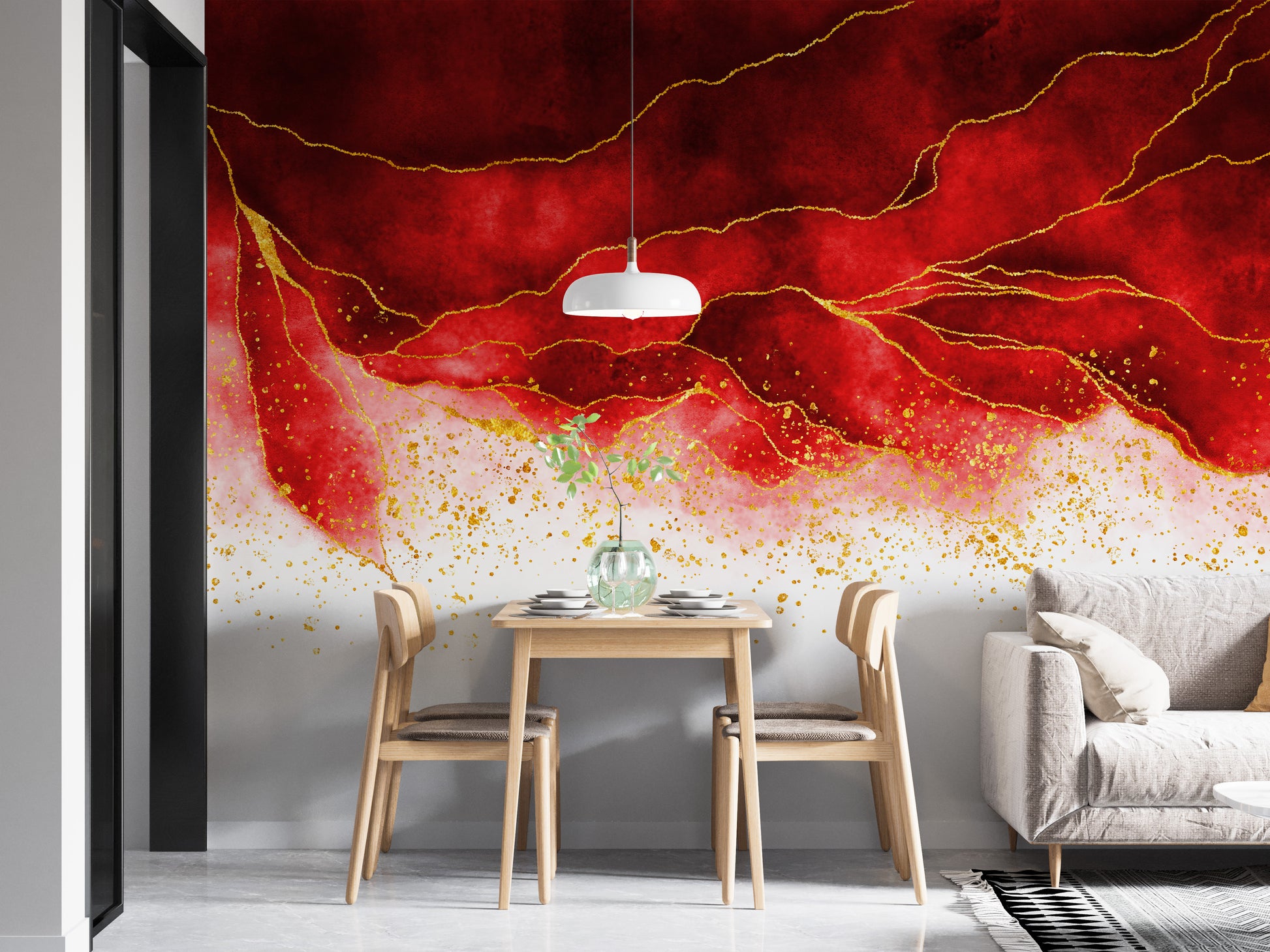 Unique red spilled mural for elegance
