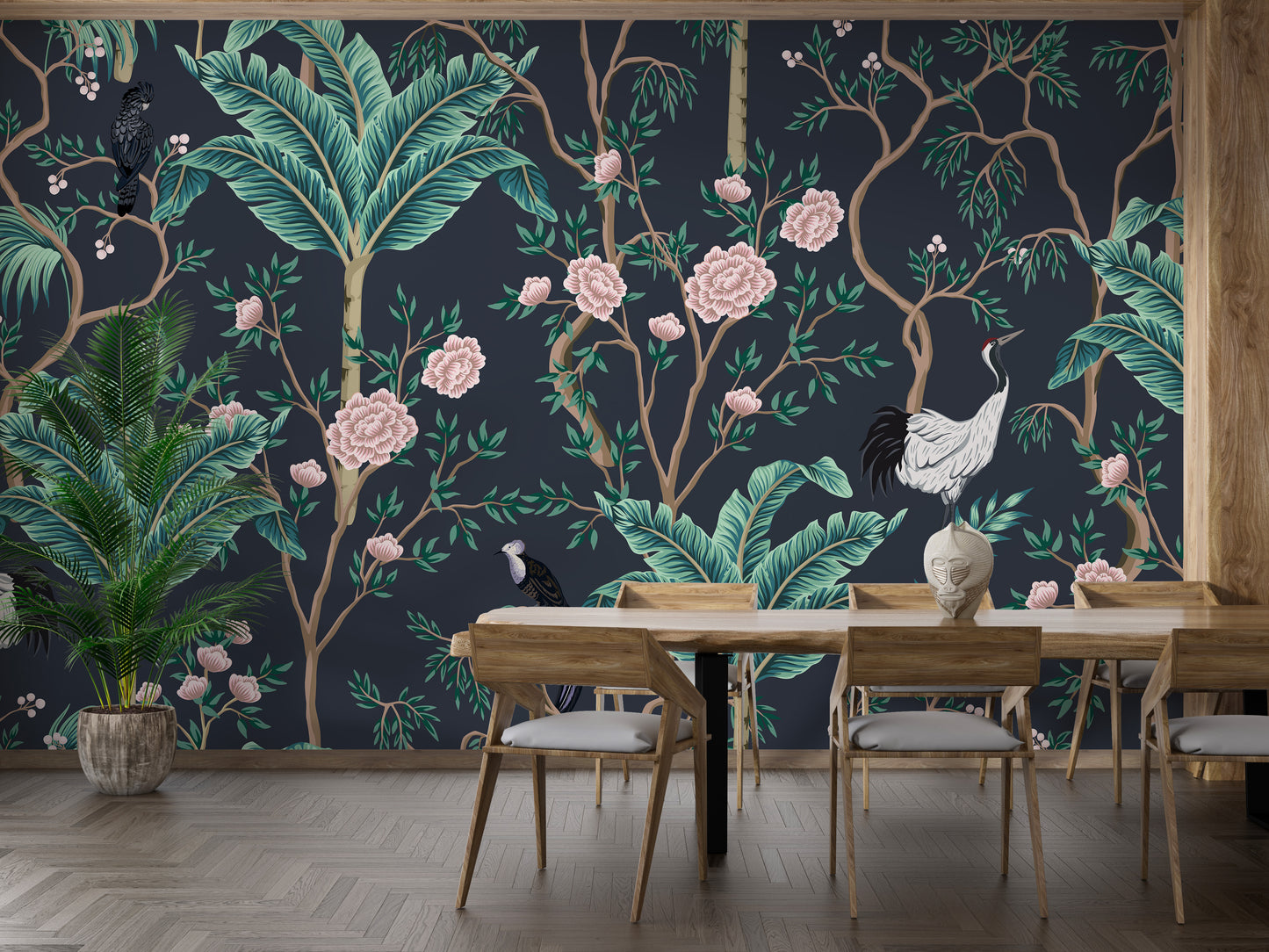 White Birds with Green Leaves & Pink Floral Wallpaper Mural