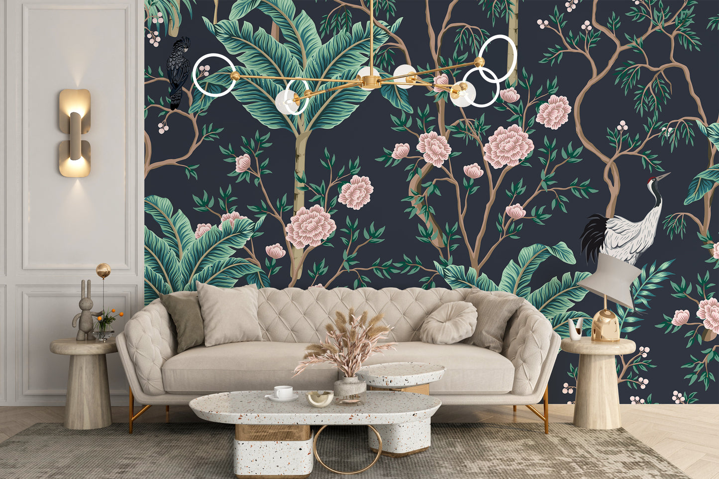 White Birds with Green Leaves & Pink Floral Wallpaper Mural