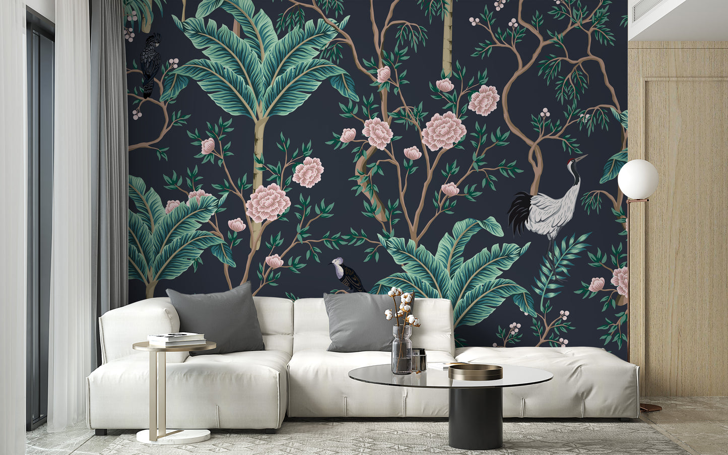 White Birds with Green Leaves & Pink Floral Wallpaper Mural