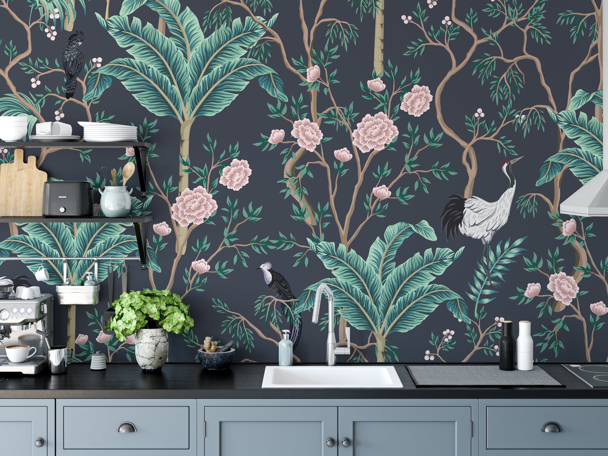 Bird and floral mural for serene interiors
