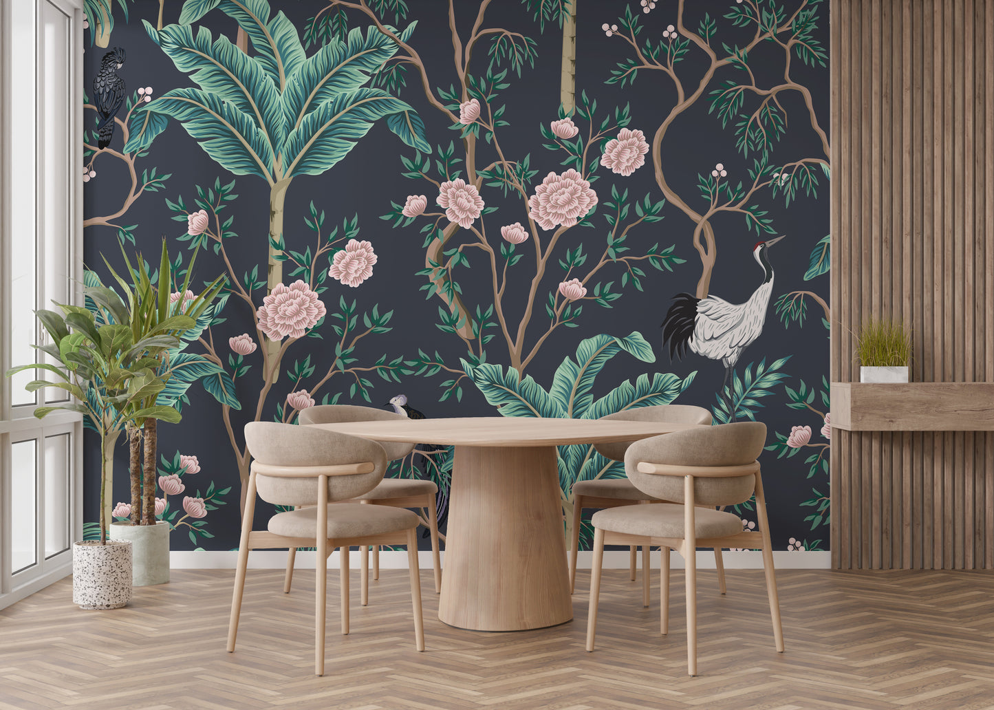 White birds and pink floral wallpaper mural
