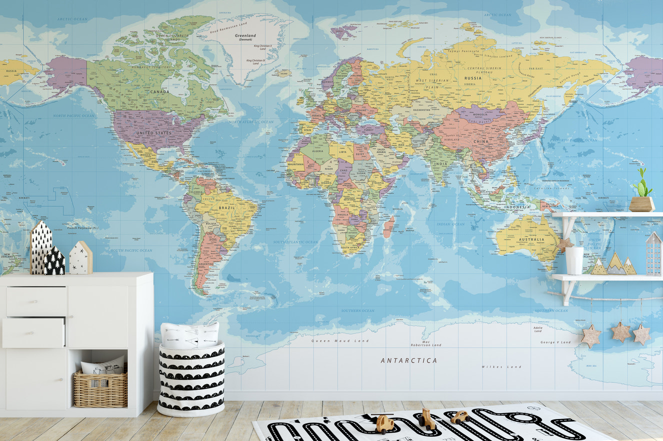 Blue World Map wallpaper mural for walls
