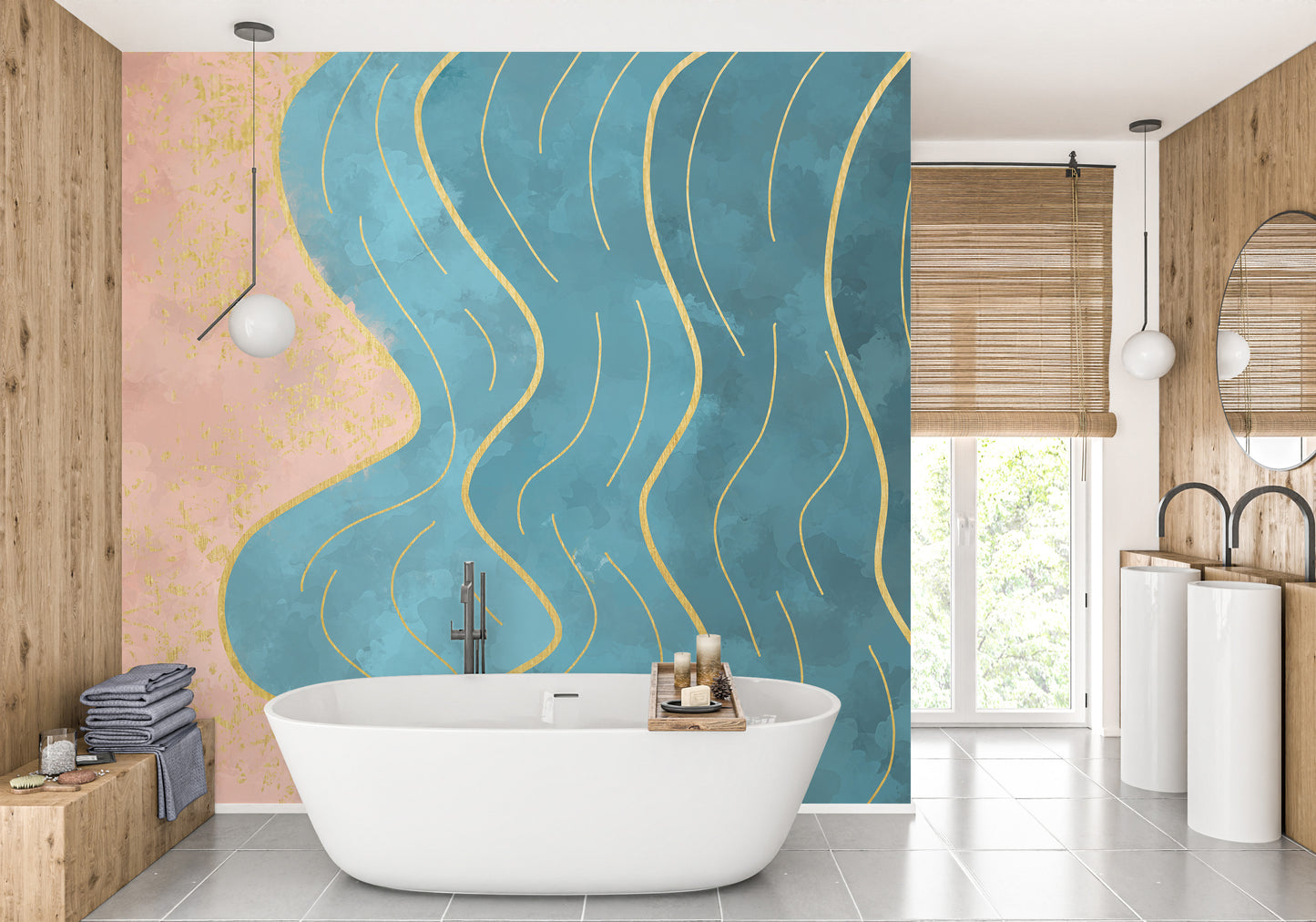 Abstract Wave with Gold Line Stick on Wallpaper