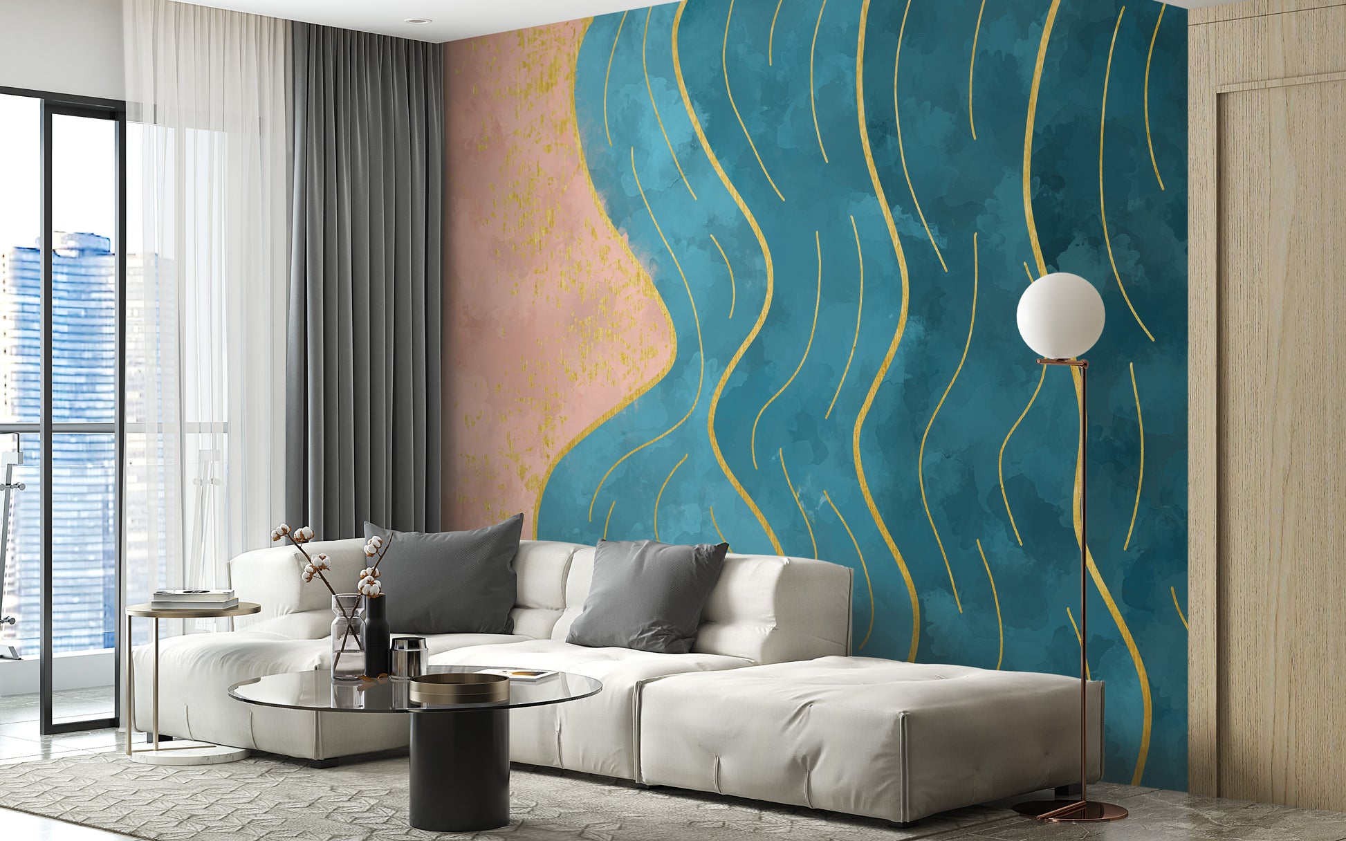 Abstract Wave with Gold Line Mural Wallpaper