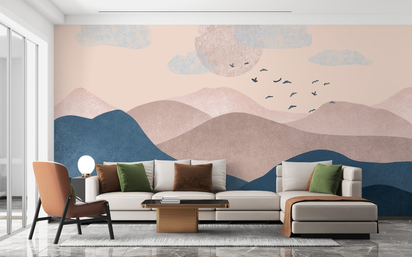 Landscape Blue Pink Mountain Stick on Wallpaper