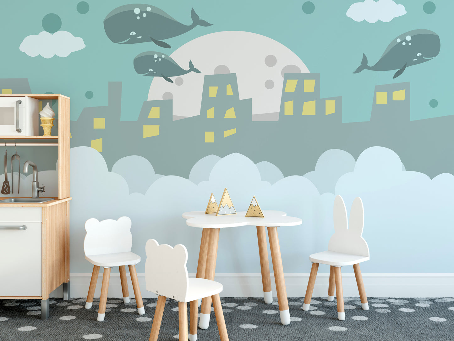 Flying Whale on City Stick on Wallpaper