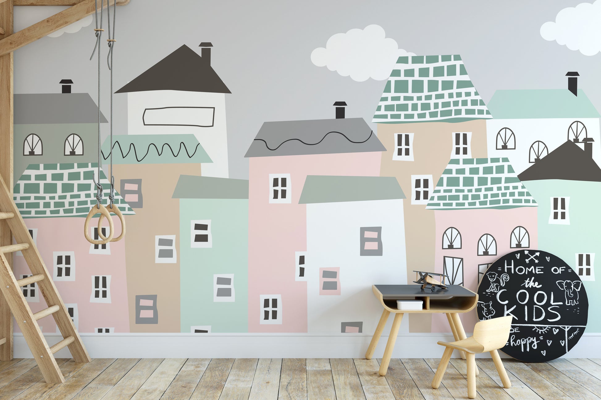 Pastel Houses Town Reusable Wallpaper