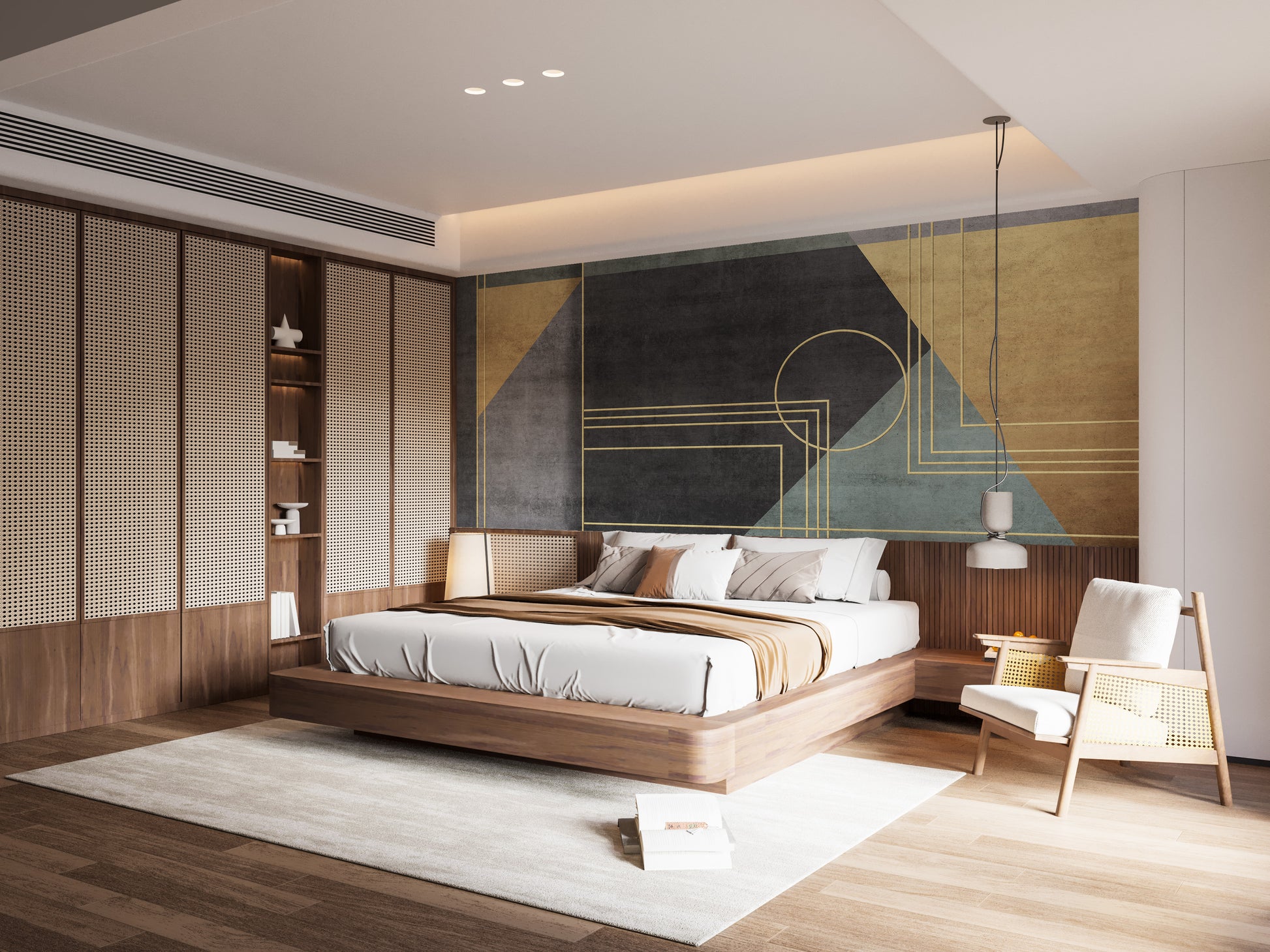 Abstract geometric wall design with gold and gray tones