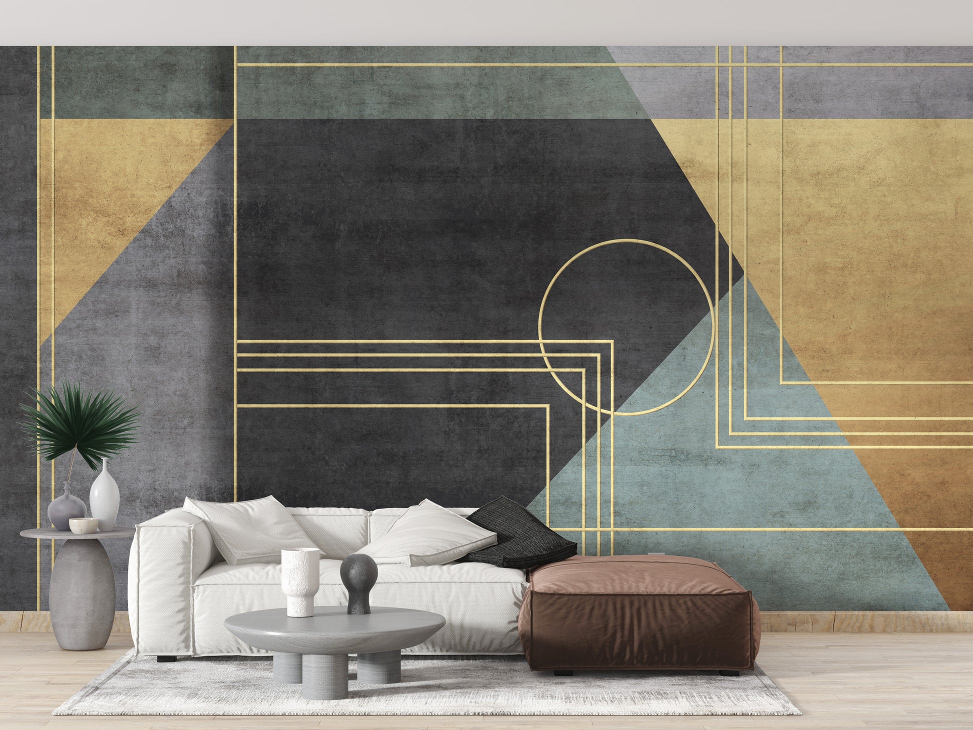 Abstract geometric wallpaper with gold and concrete texture