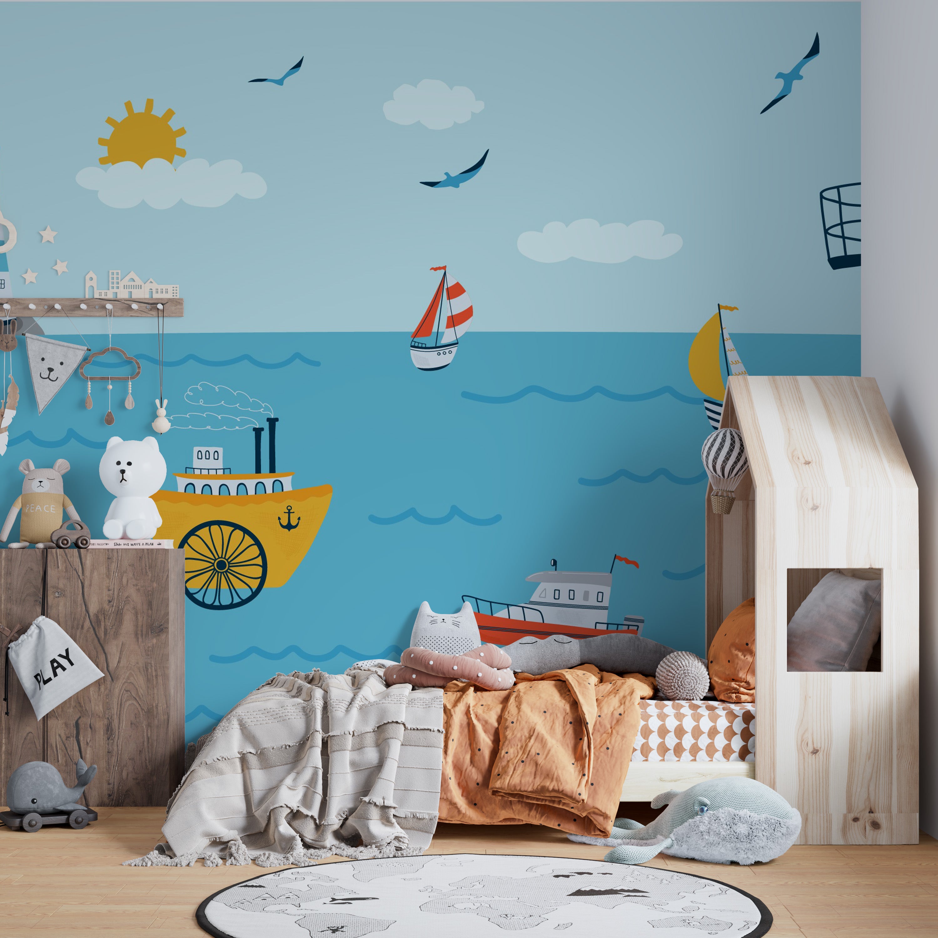 Ocean mural wallpaper featuring lighthouses and steamships