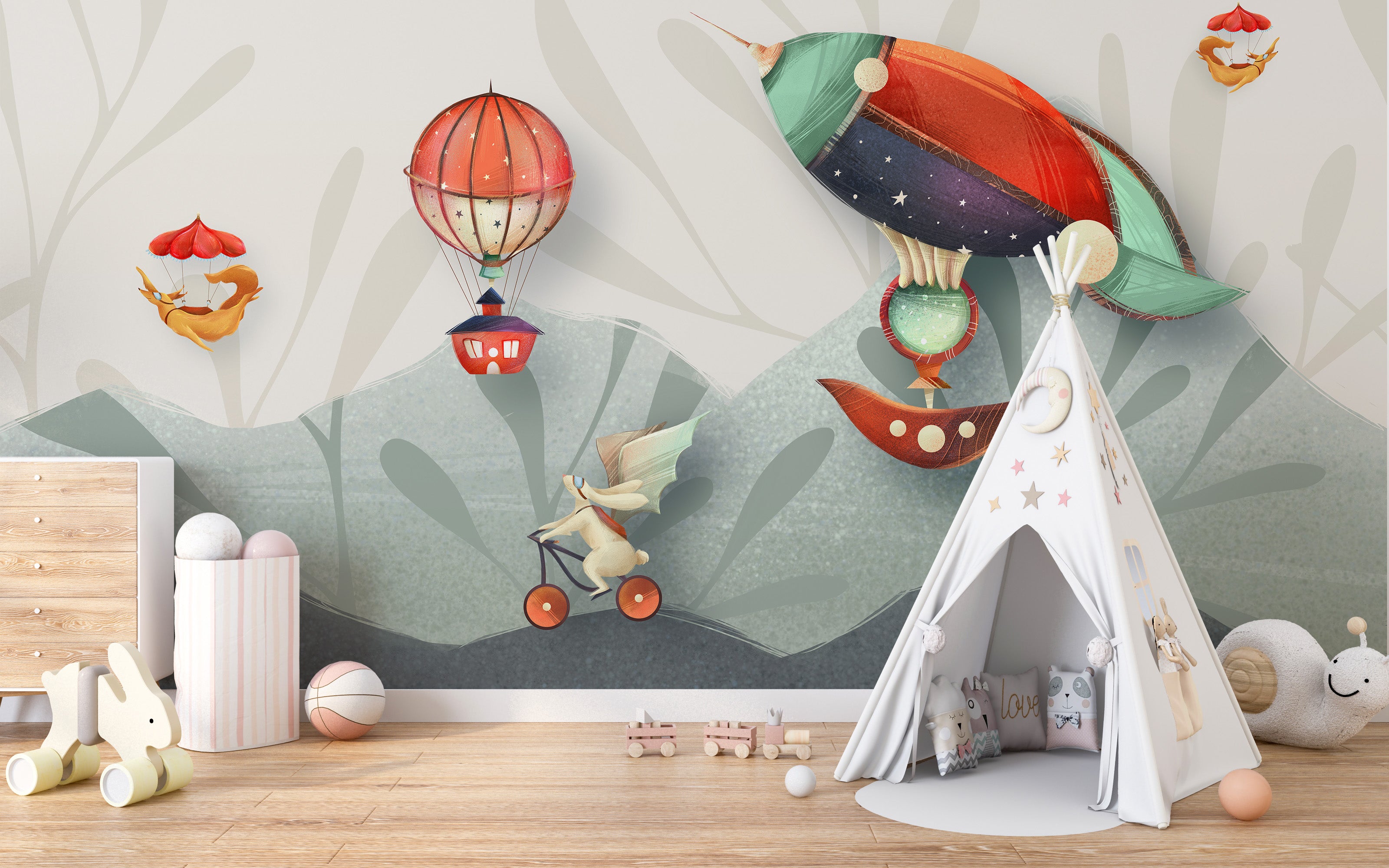 Nursery wallpaper with hot air balloon and rocket design.