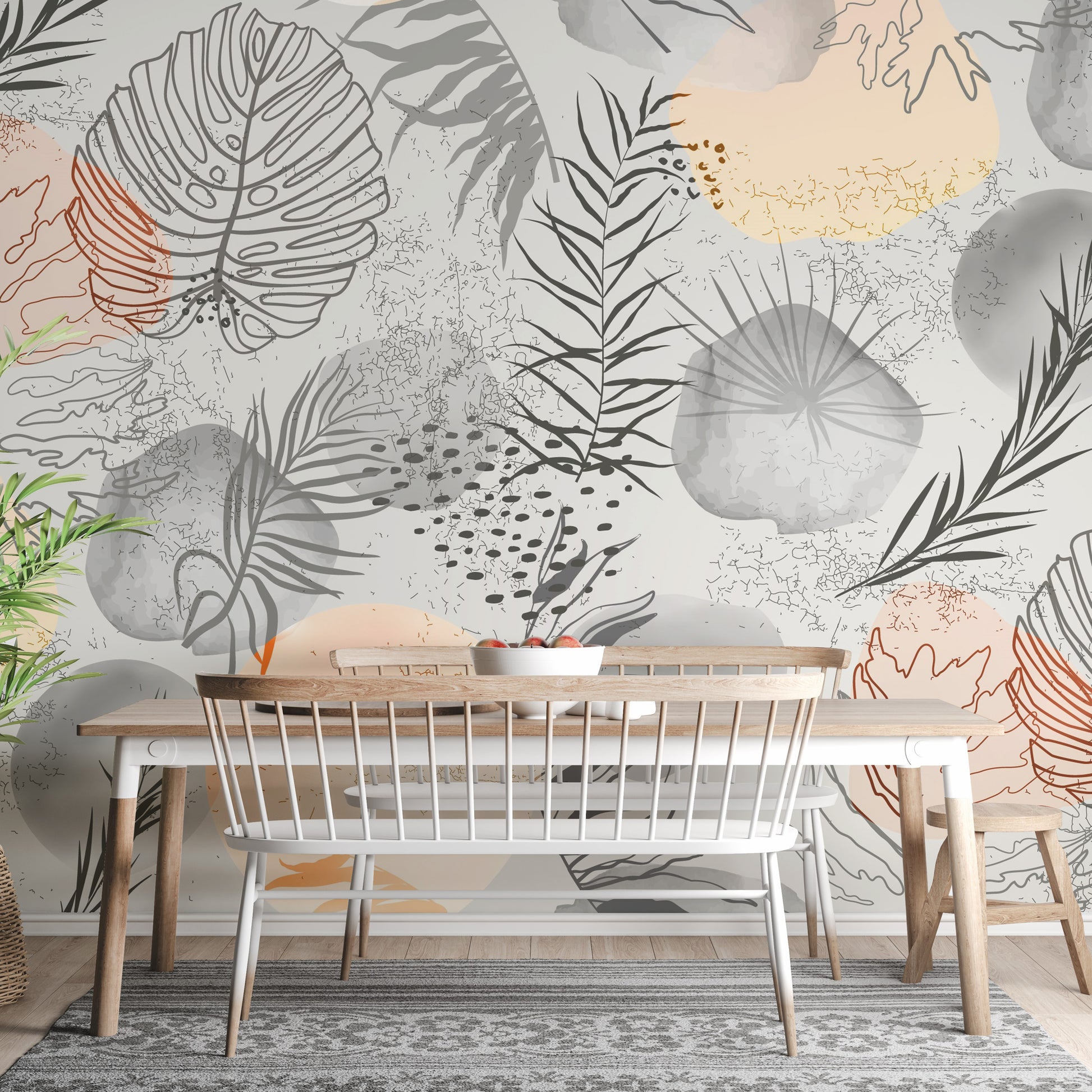 Palm tropical leaves mural in neutral and abstract patterns.