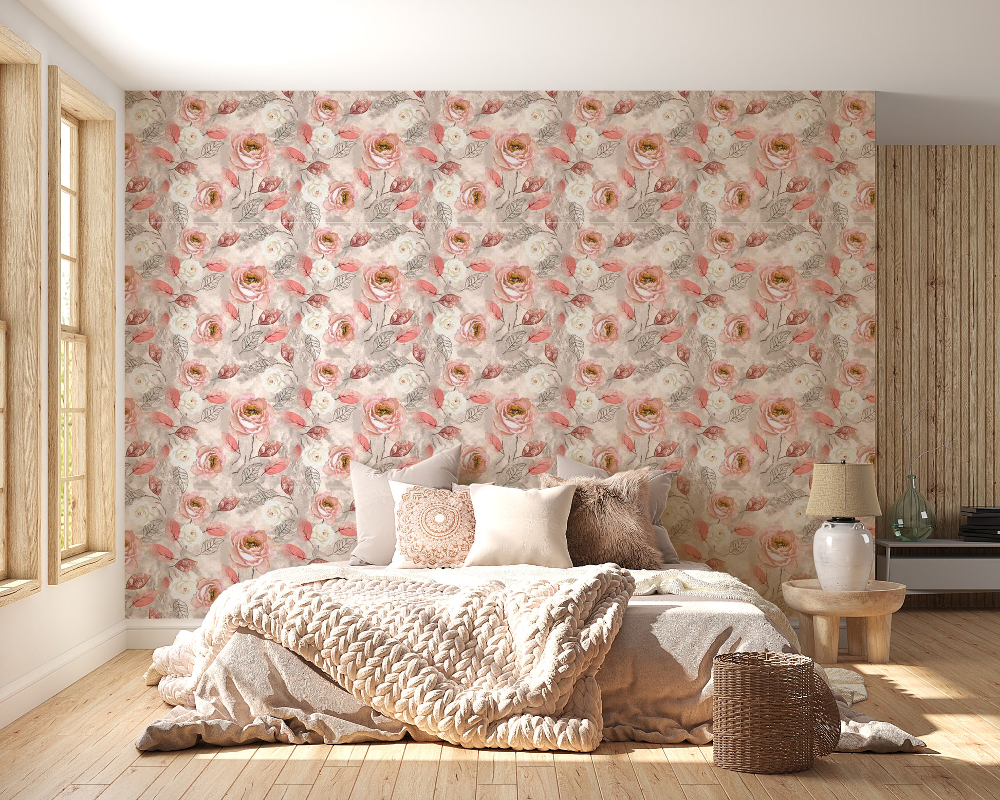 Nature-inspired watercolor floral wallpaper for cozy spaces.