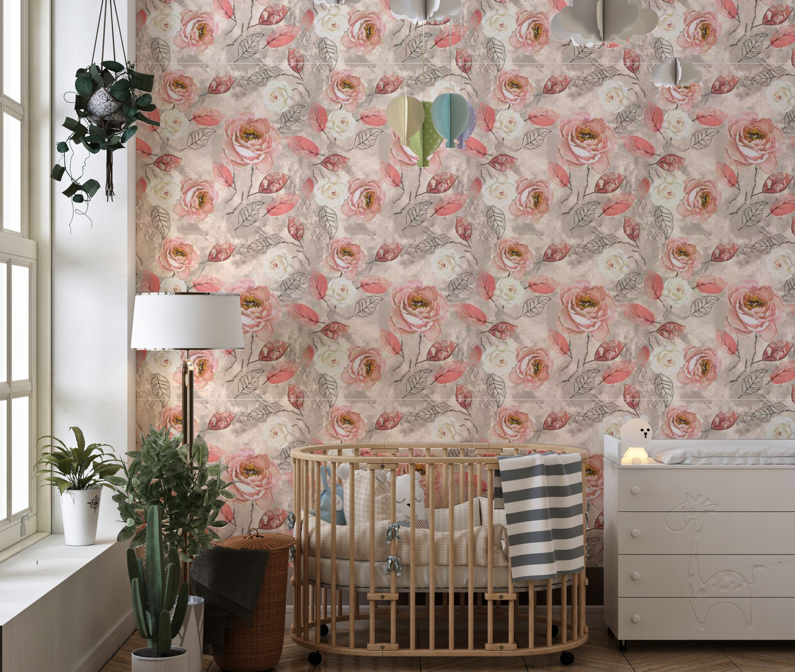 Elegant blush pink floral wallpaper mural for home decor.