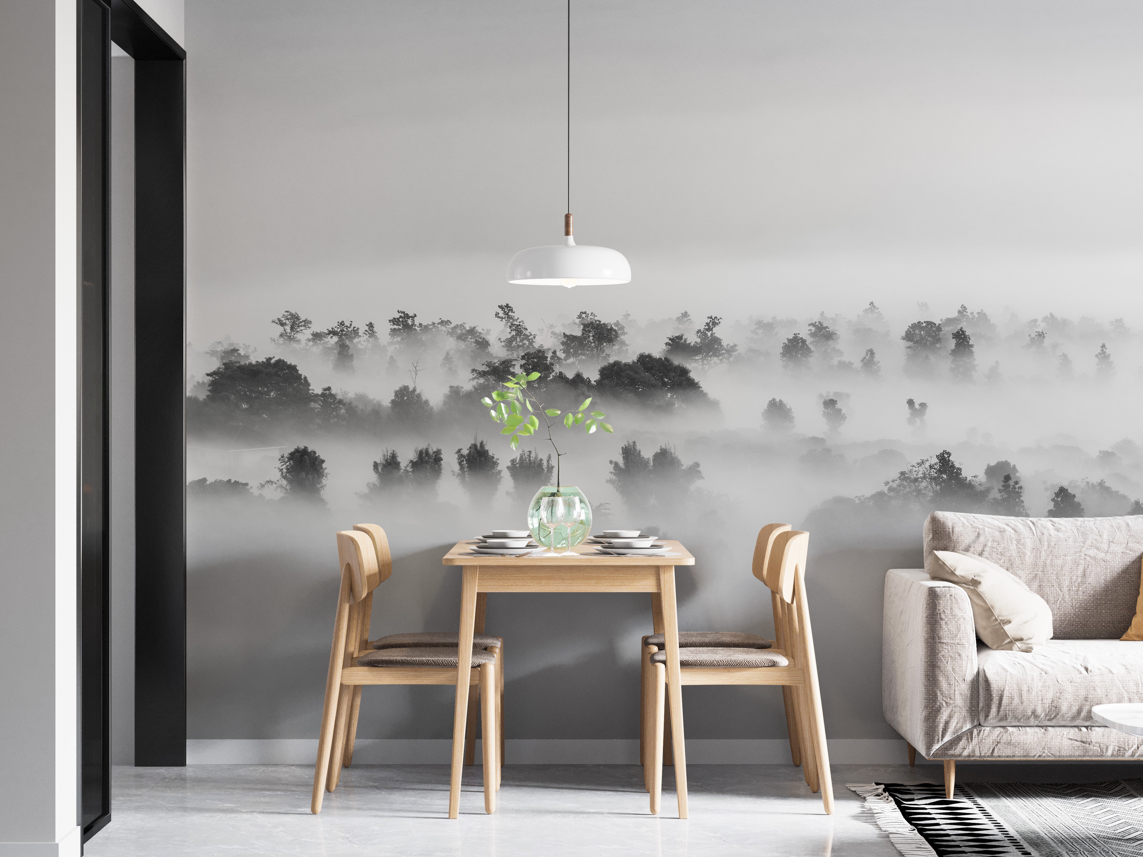 Modern black and white foggy forest mural design.