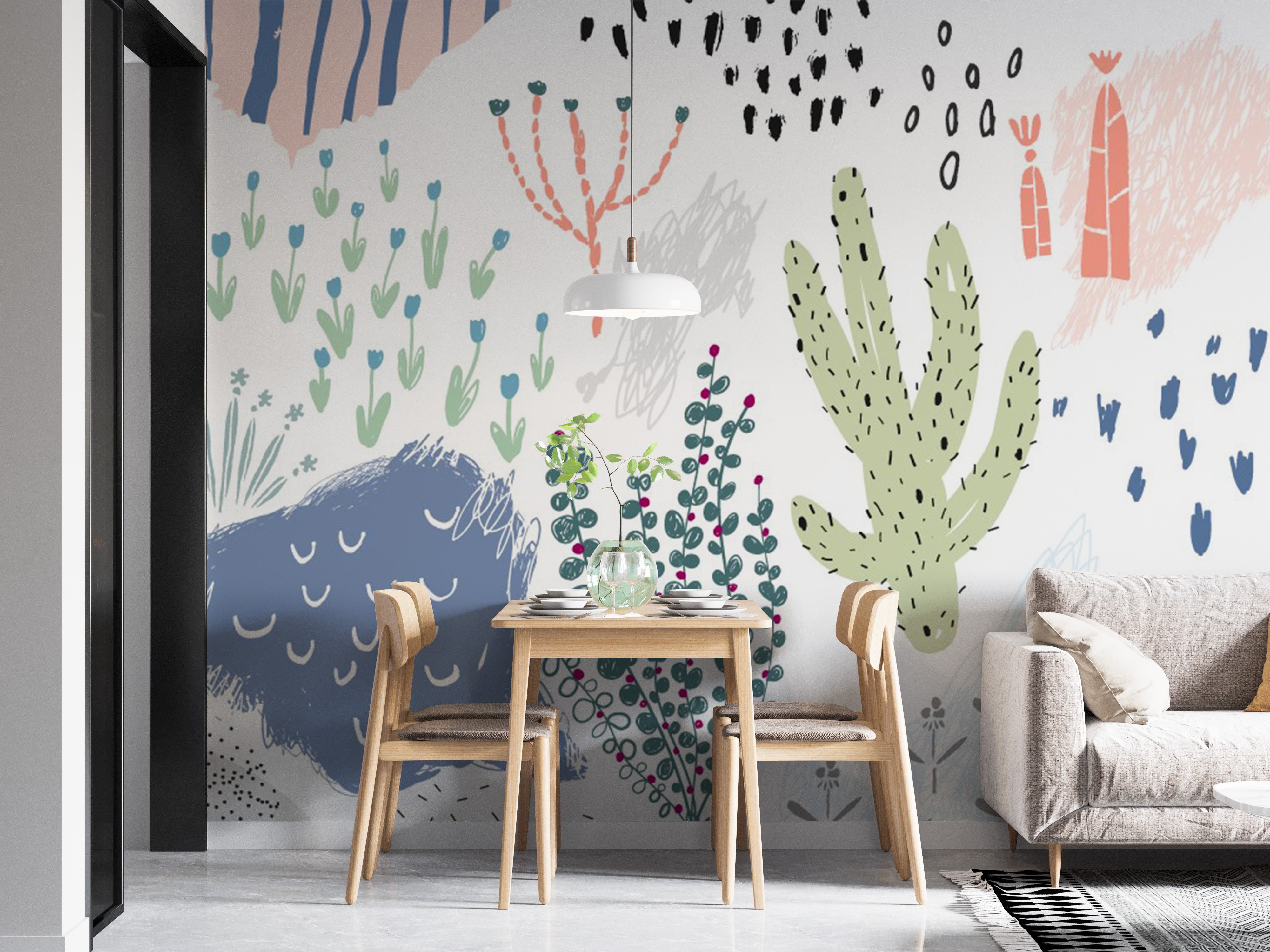 Hand-drawn botanical wallpaper with colorful patterns.