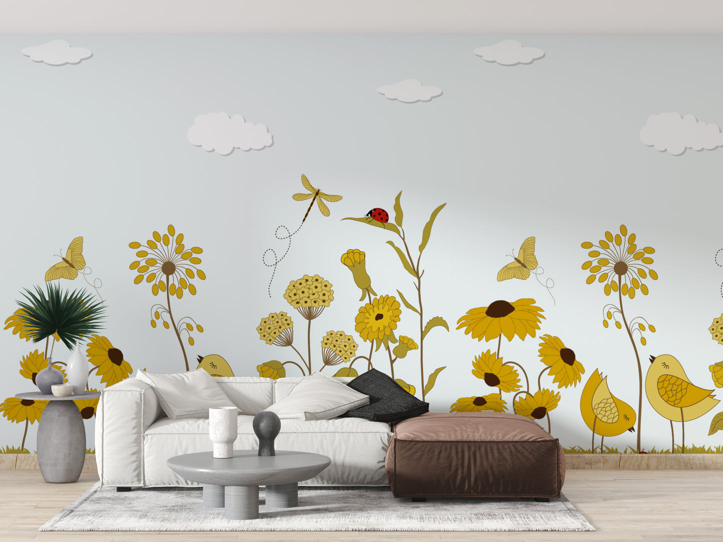 Yellow flower field with birds in a wallpaper