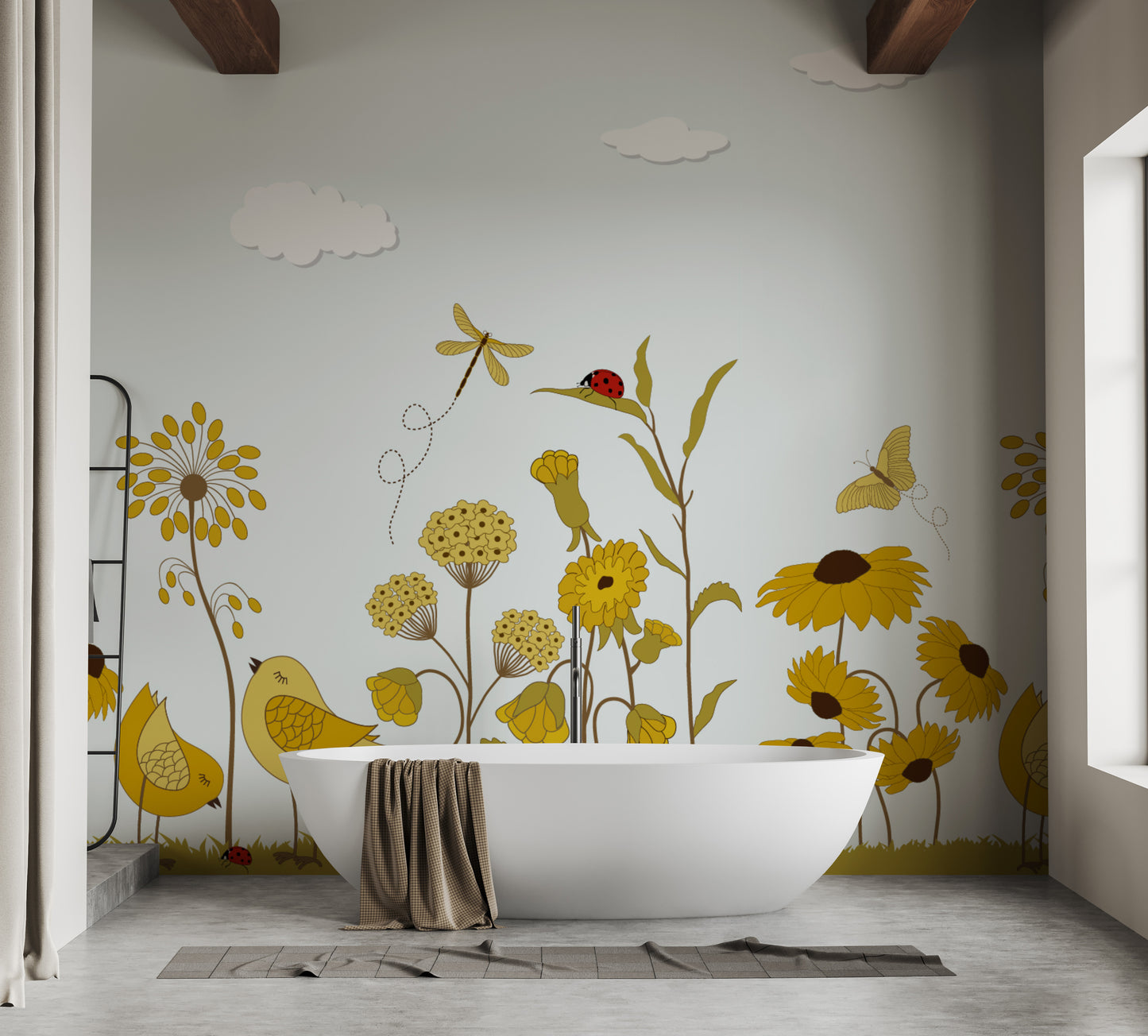 Yellow Flower with Birds Wallpaper Mural