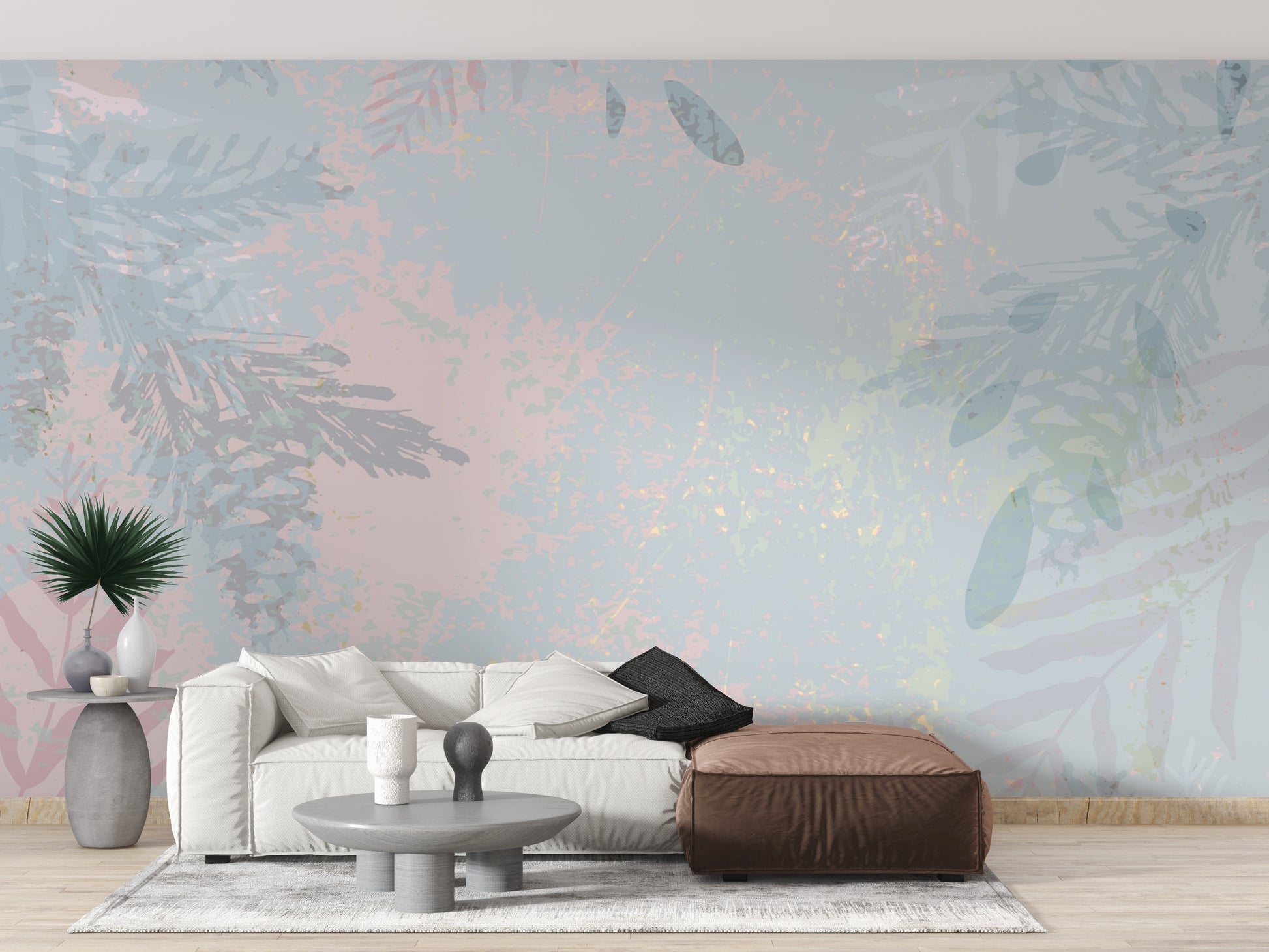 Soft botanical wallpaper mural in pastel hues.