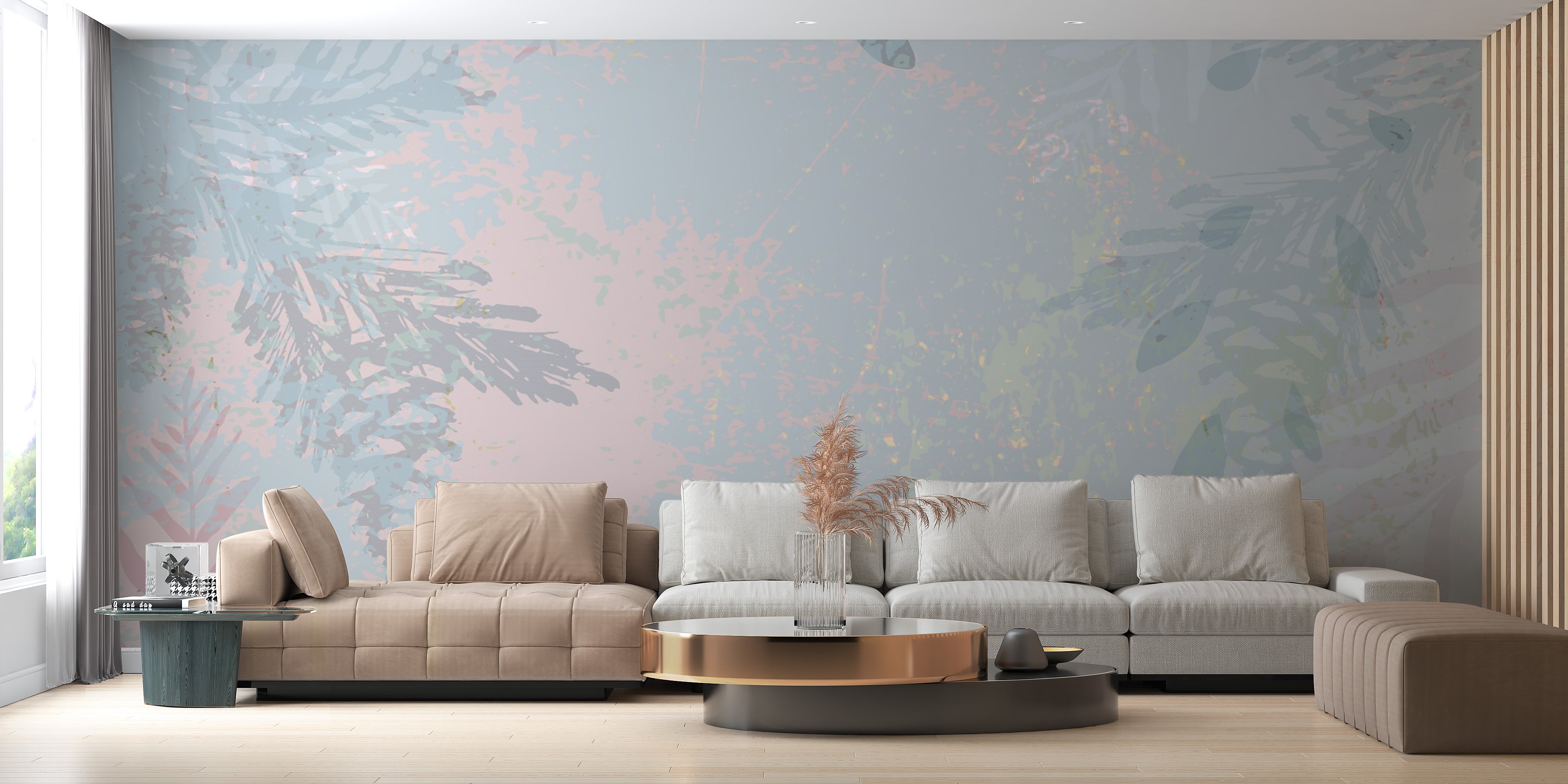 Abstract botanical mural with subtle blue tones.