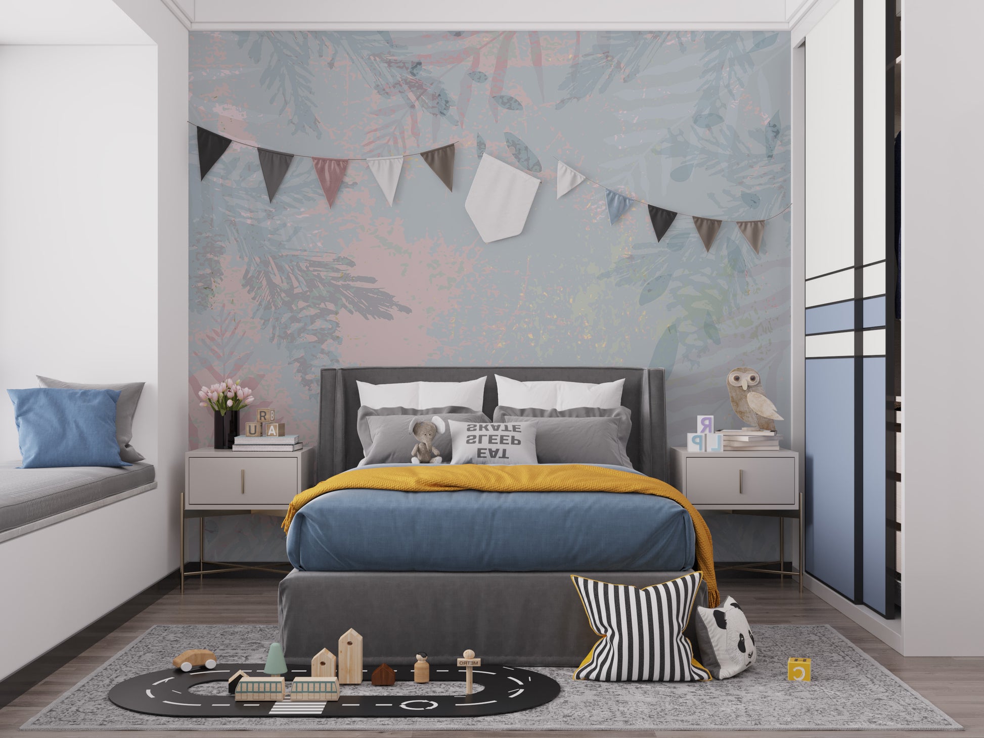 Elegant foliage mural with soft pink and blue hues.