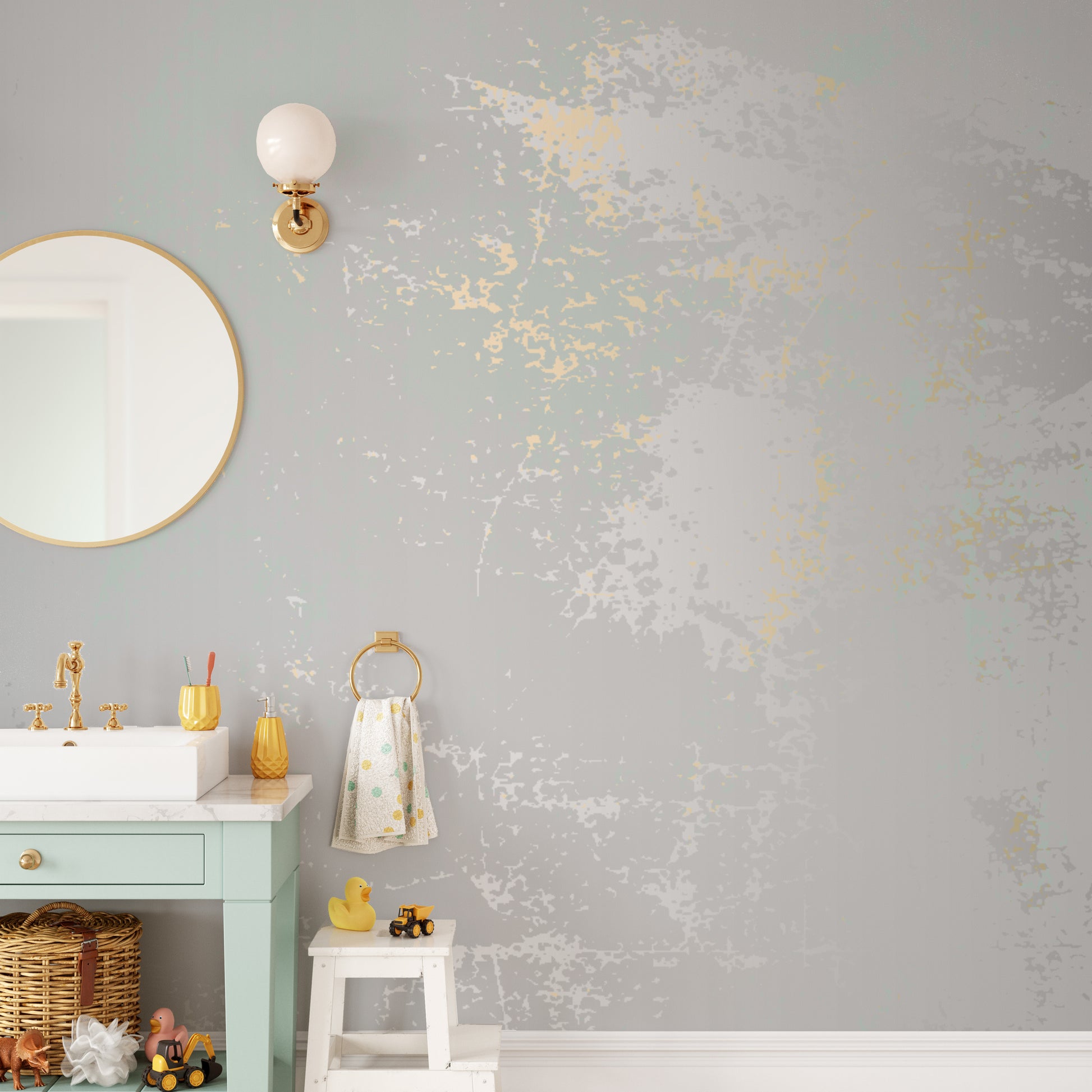 Modern abstract mural in pastel gray and shimmering gold.