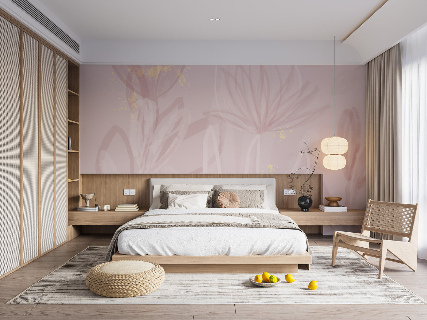 Delicate flower designs on blush pink mural wallpaper.