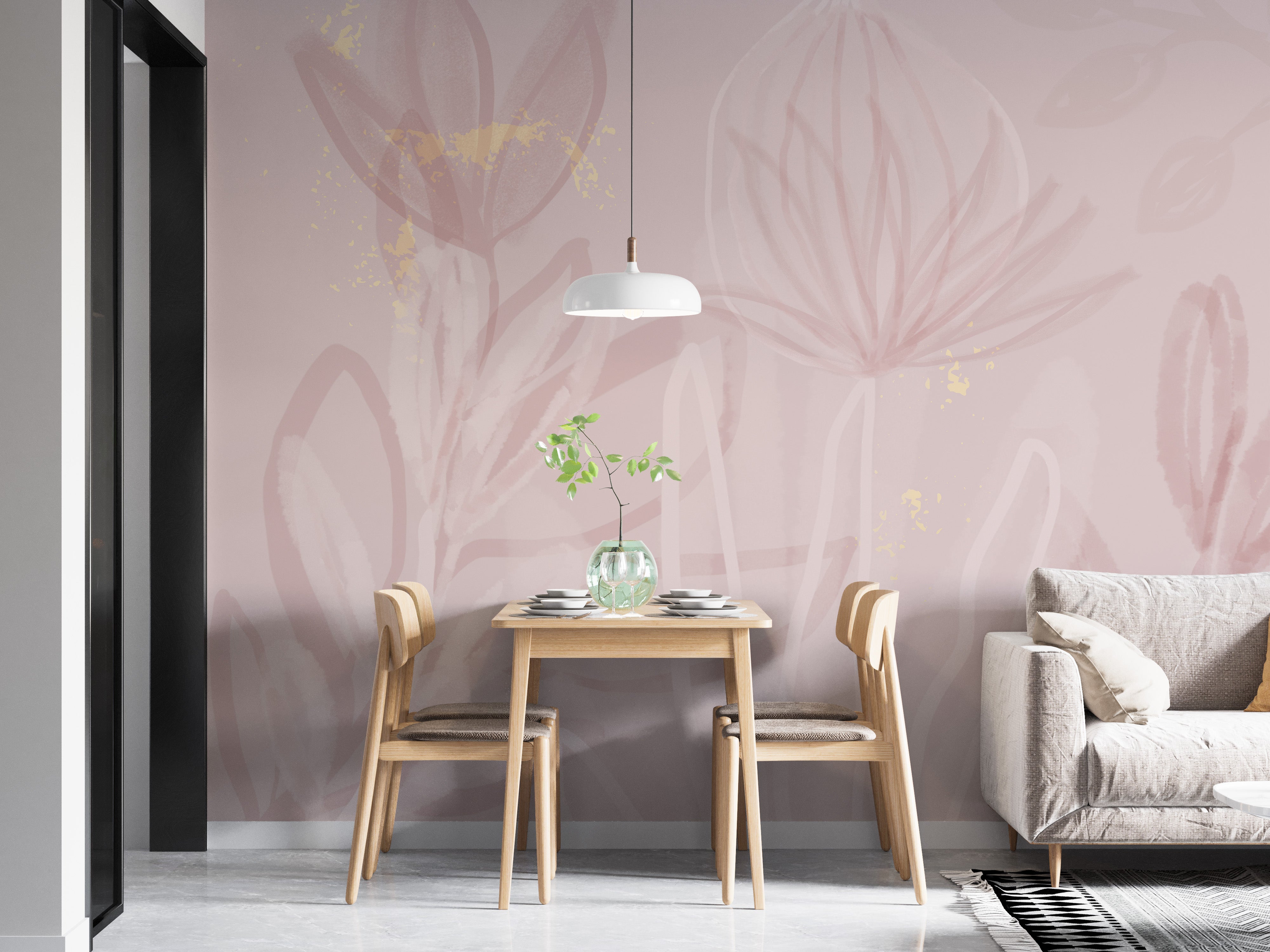 Pink hand-painted flower wallpaper.