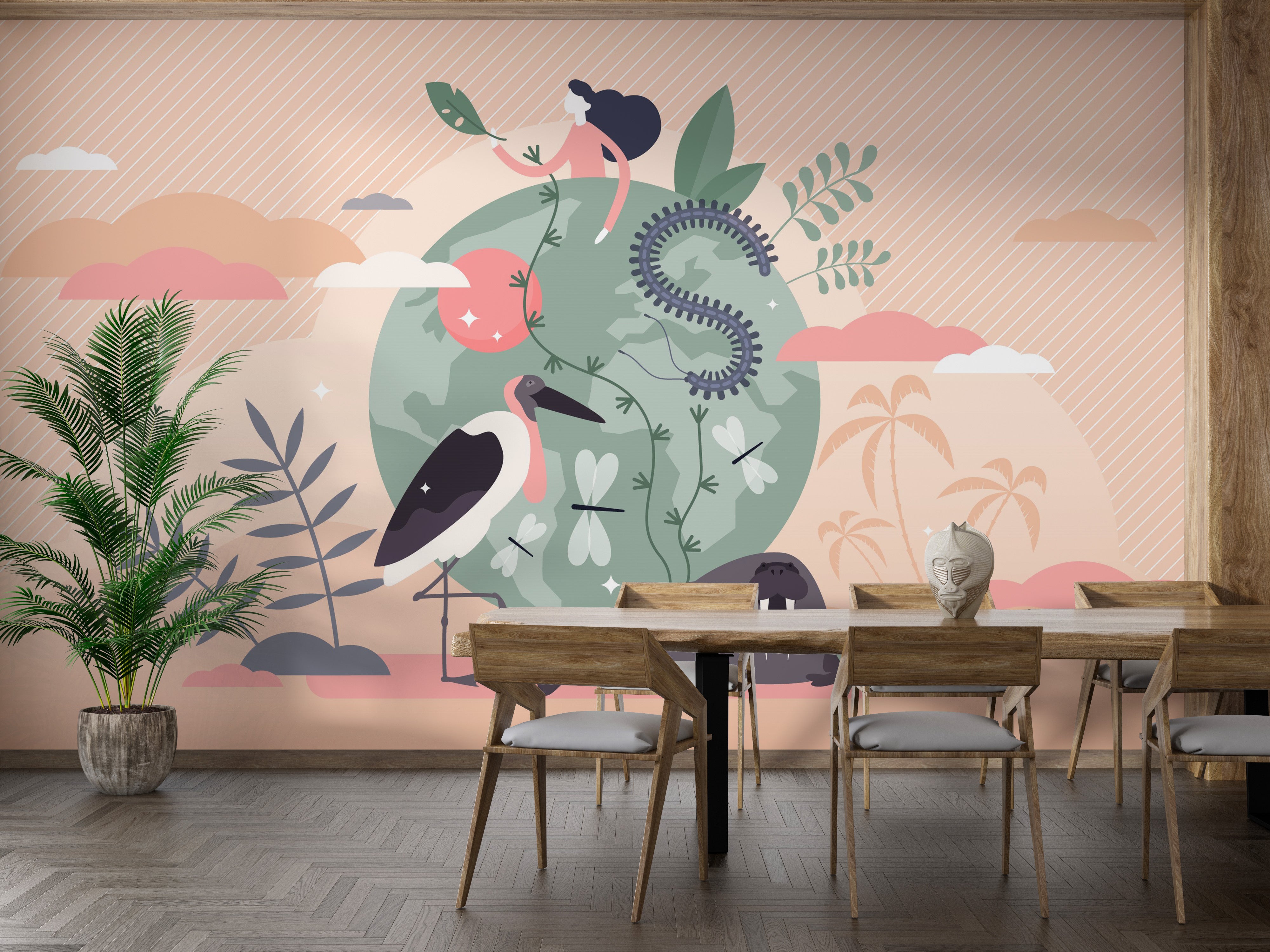 Elegant mural of animals and Earth