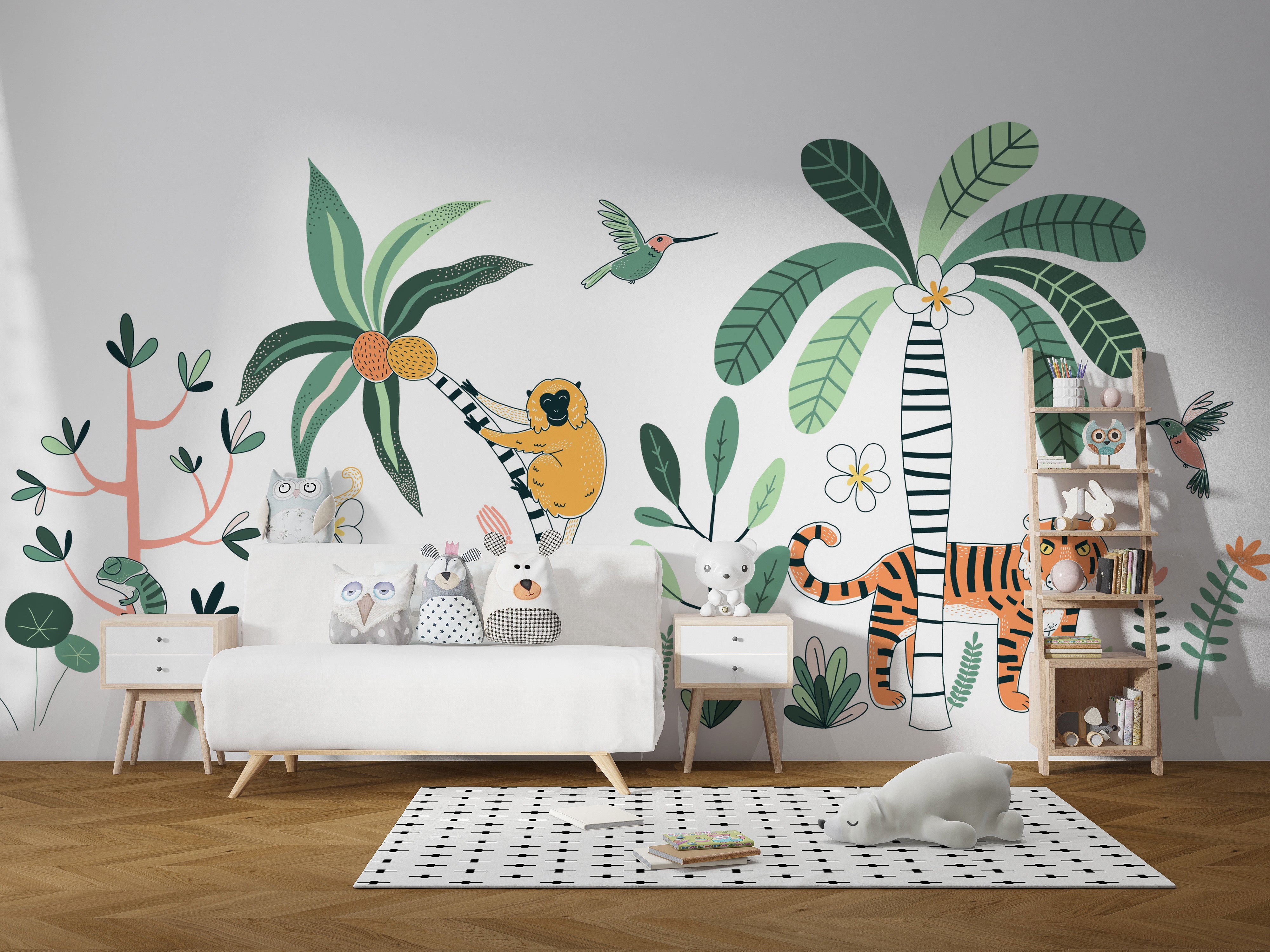 Rainforest wildlife wallpaper with flora and fauna.