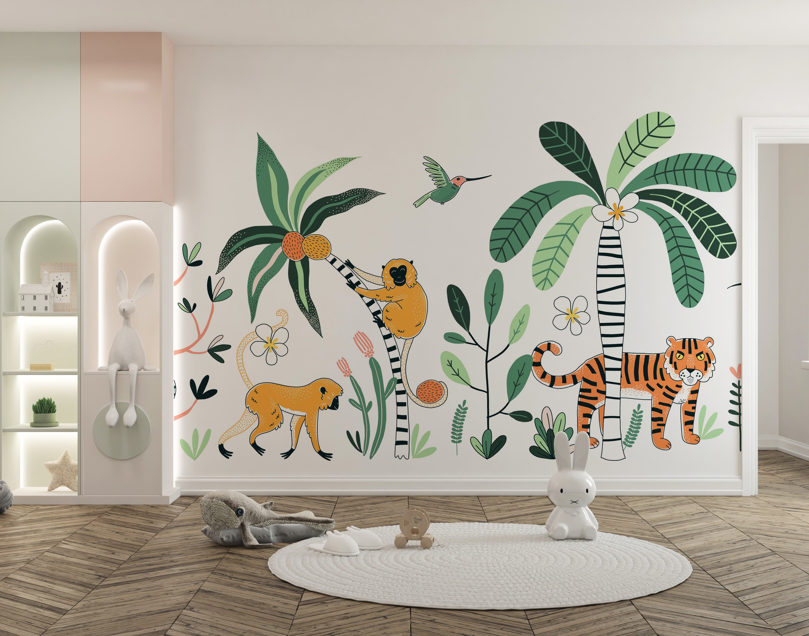 Monkey climbing trees in jungle mural wallpaper.