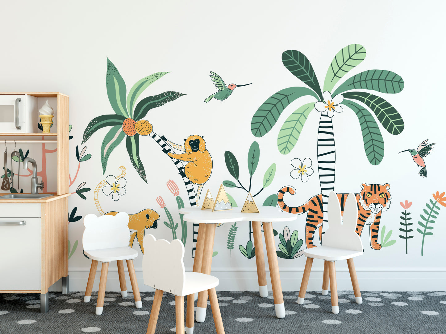 Wildlife mural wallpaper with tiger and palm trees.