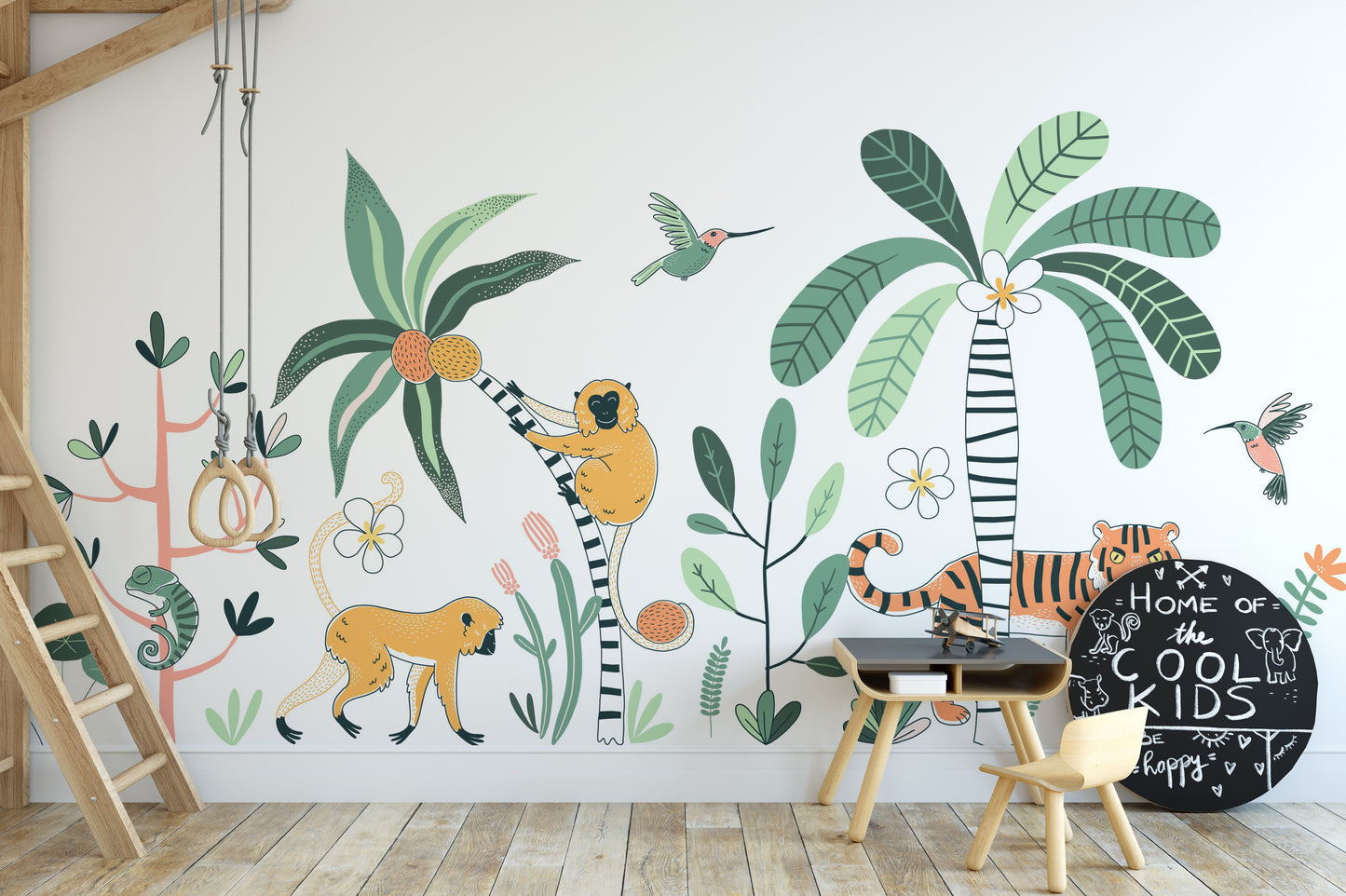 Tropical jungle wallpaper featuring animals and plants.