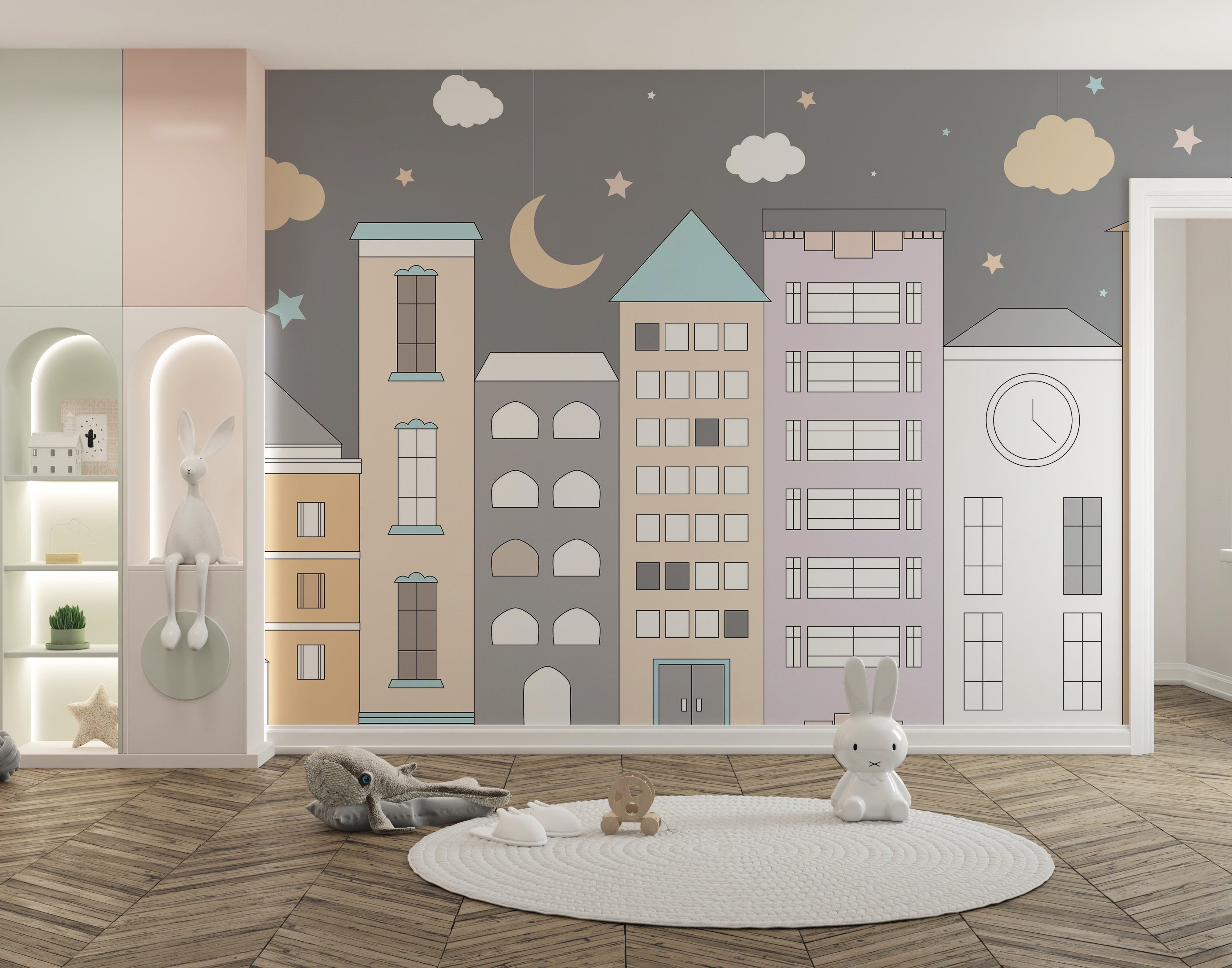 Adorable townscape wallpaper for children's spaces.