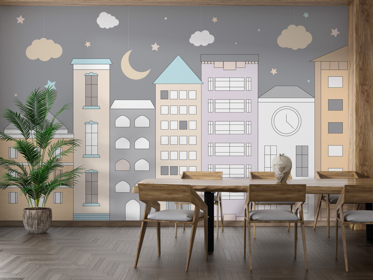 Cozy night-themed town wallpaper for a kids' room.