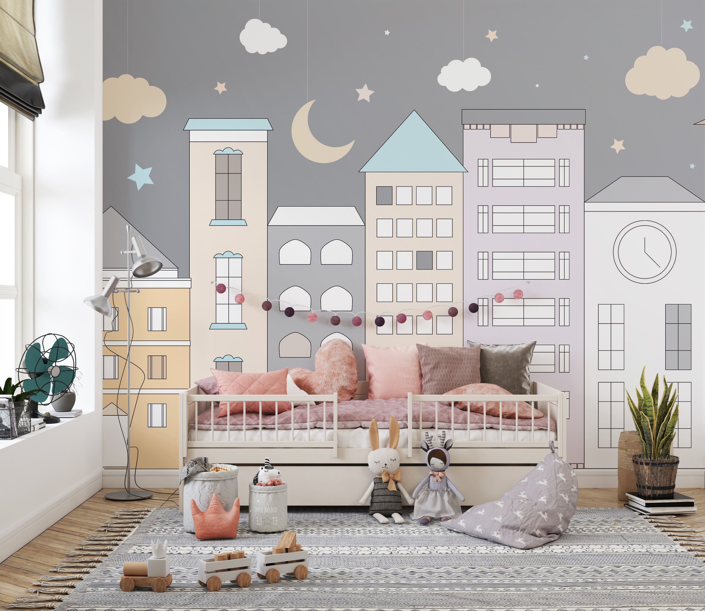 Stylish kids' town wallpaper with buildings and stars.