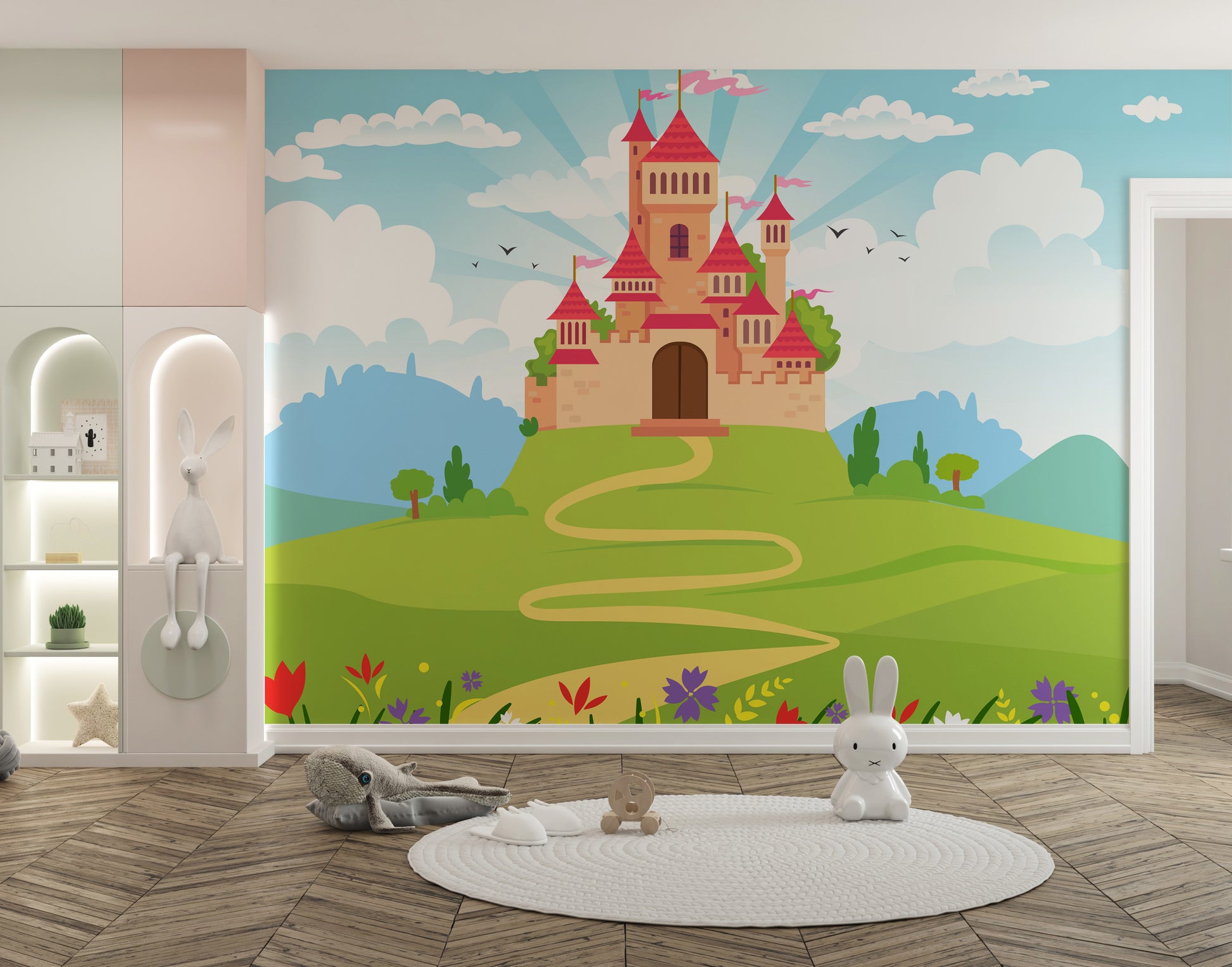 Pink castle wallpaper with a fairytale-inspired theme.