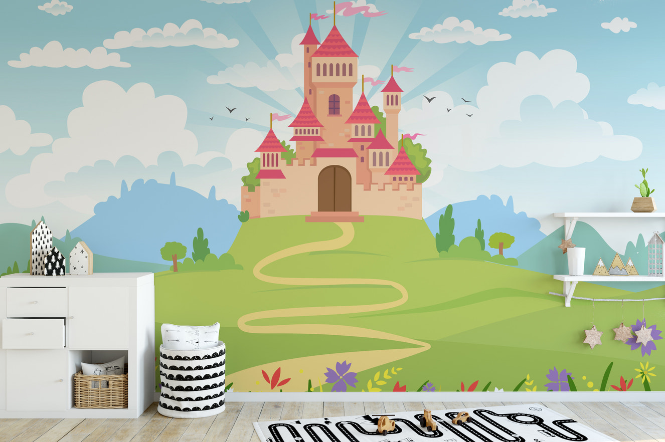 Fantasy castle wallpaper with bright floral scenery.