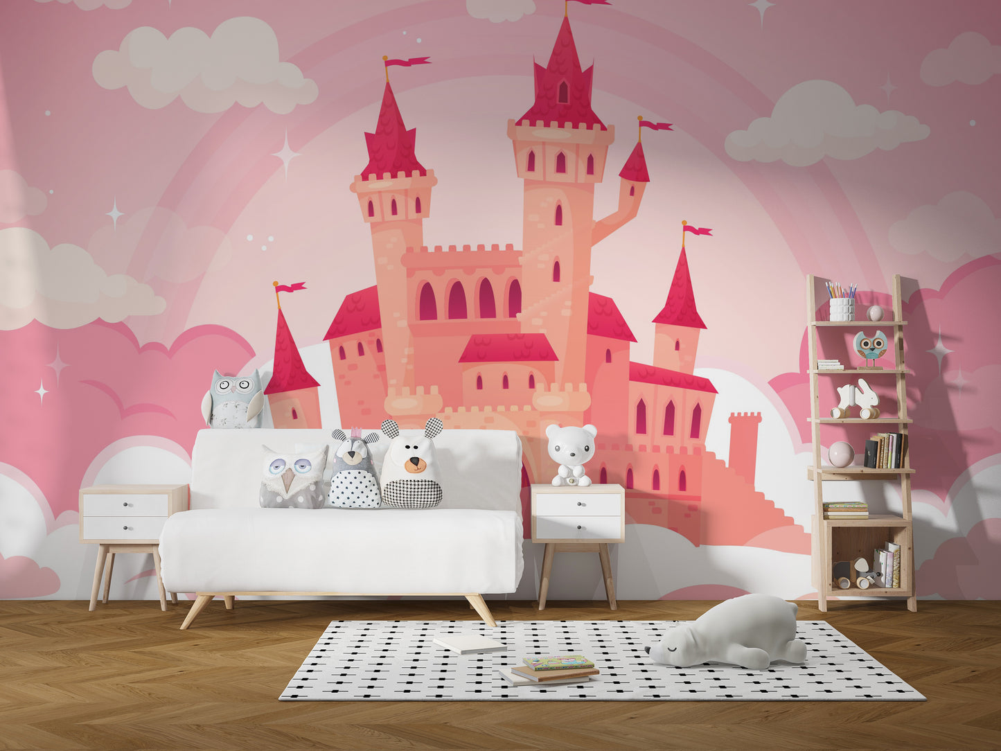 Whimsical castle with pink clouds wallpaper.