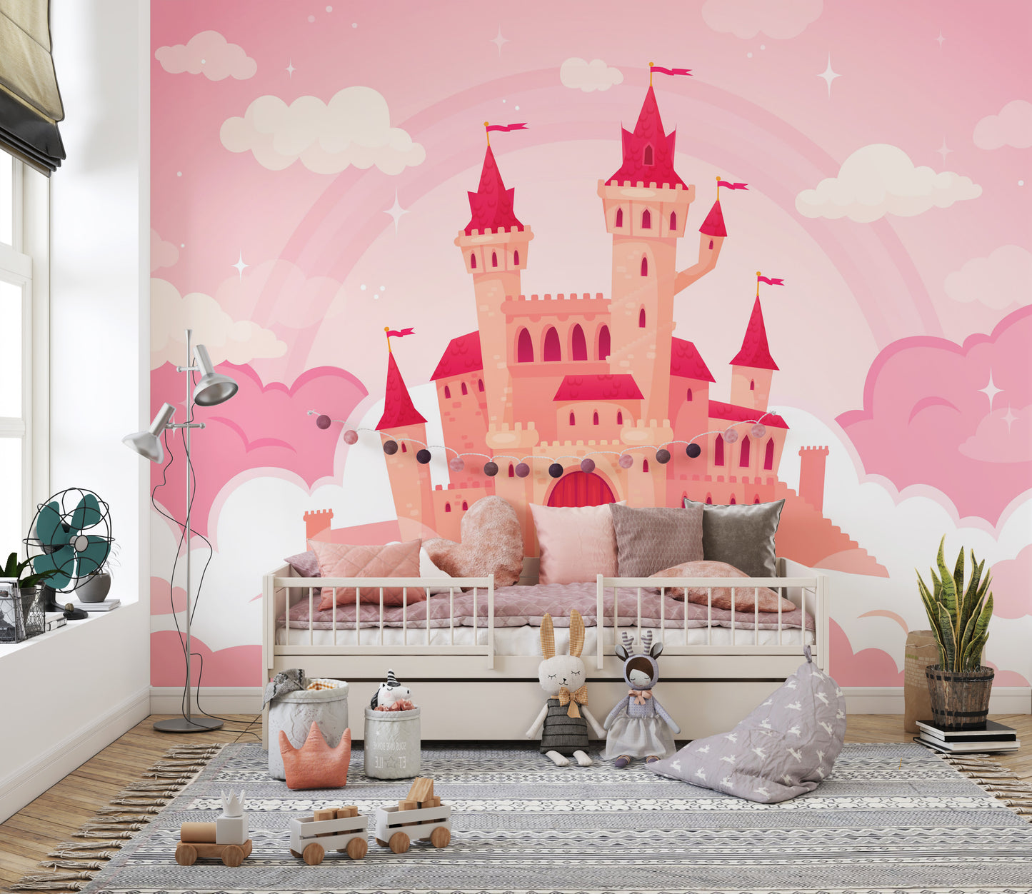 Cute Cartoon Castle in Pink Clouds Wallpaper