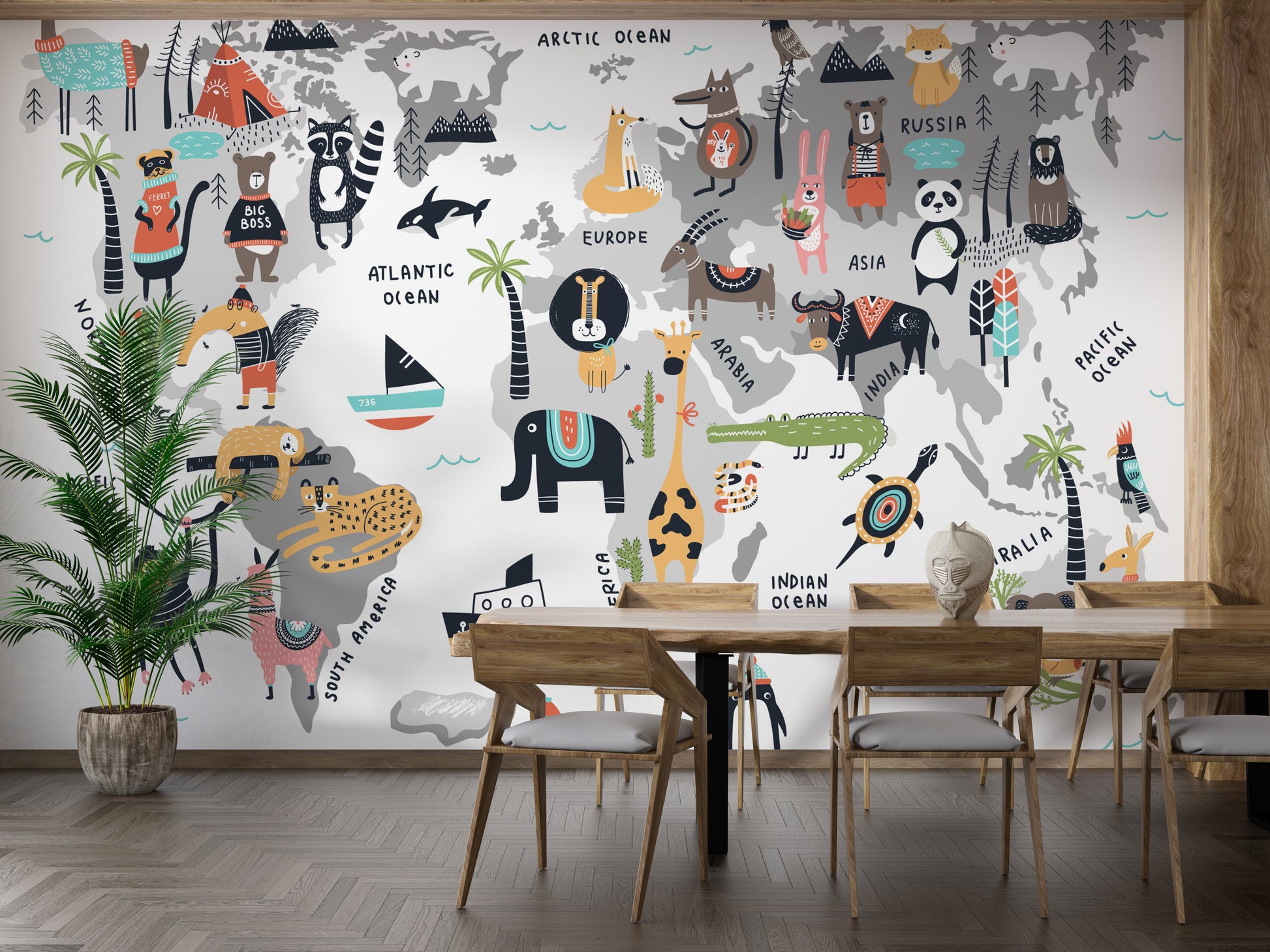 Kids' Animal World Map Wallpaper with cute illustrations.