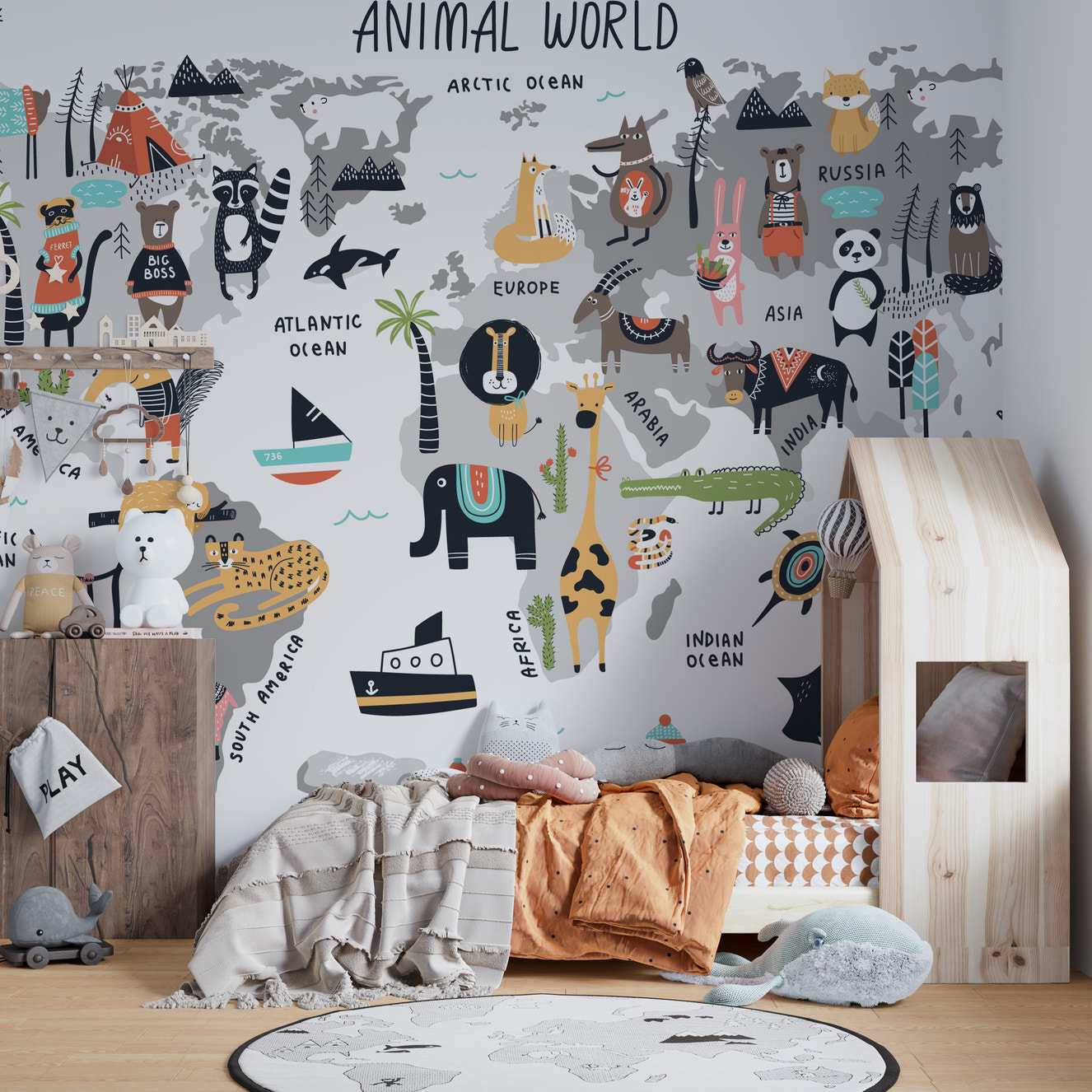 Animal World Map Wallpaper for kids' rooms.