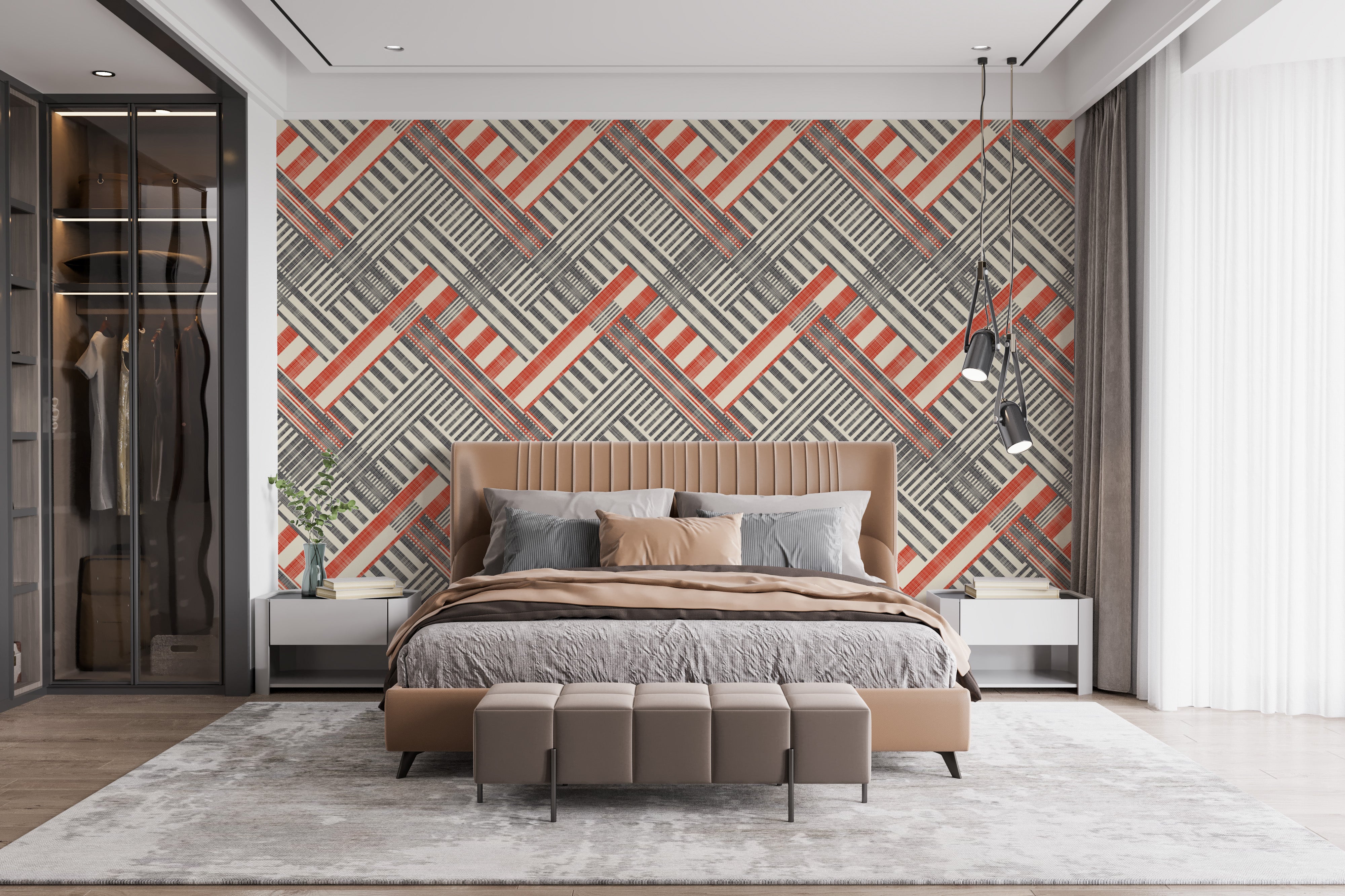 Chevron patterned wallpaper with vintage striped design.